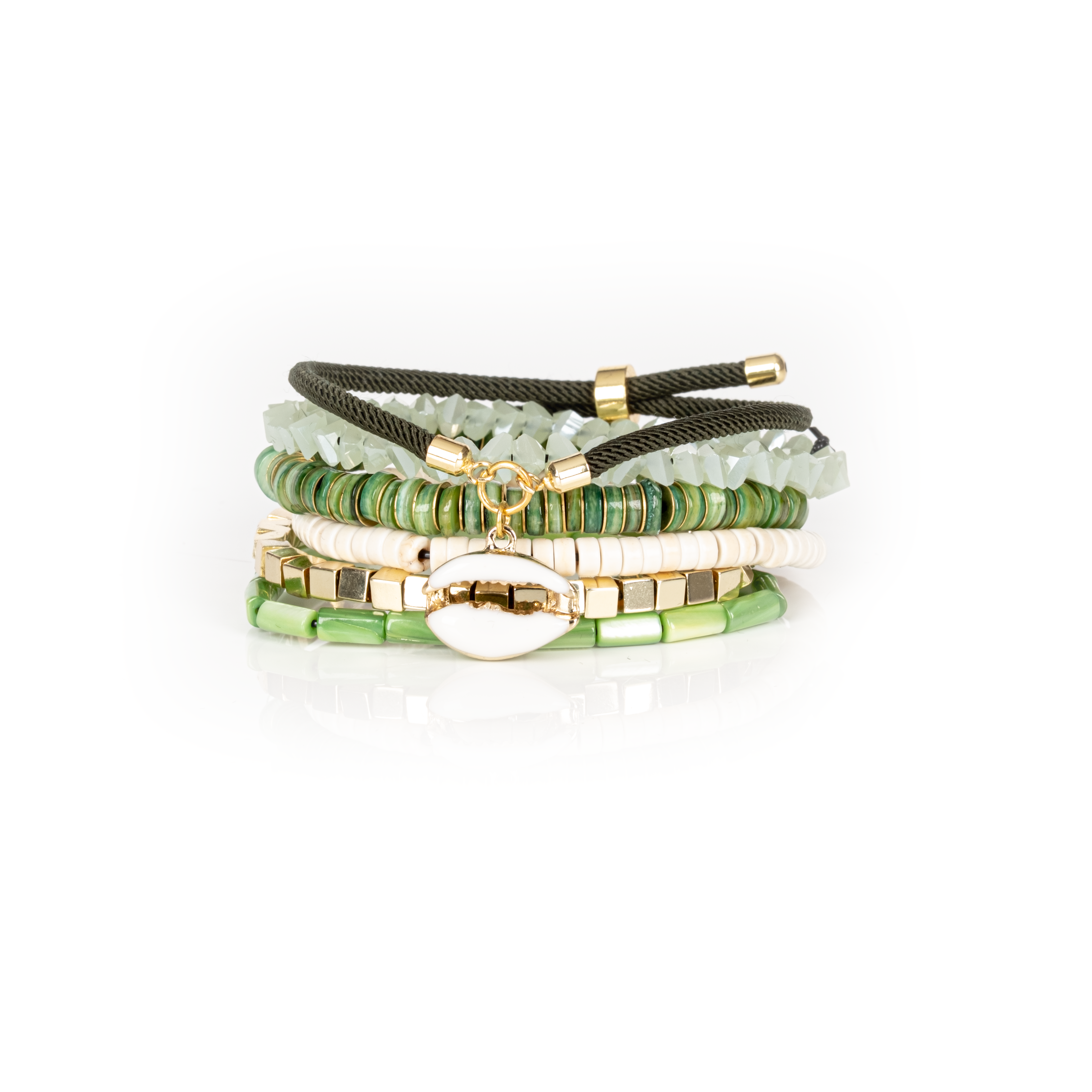 The Whisper Charm Green & Ivory Layered Bracelet Set