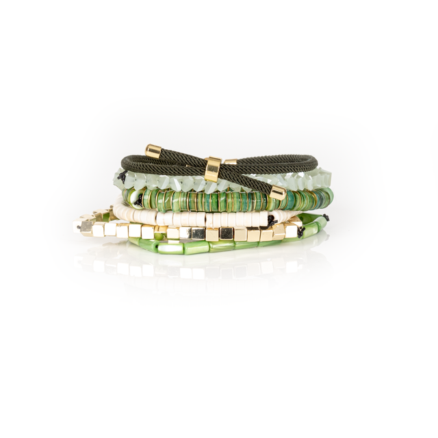 The Whisper Charm Green & Ivory Layered Bracelet Set