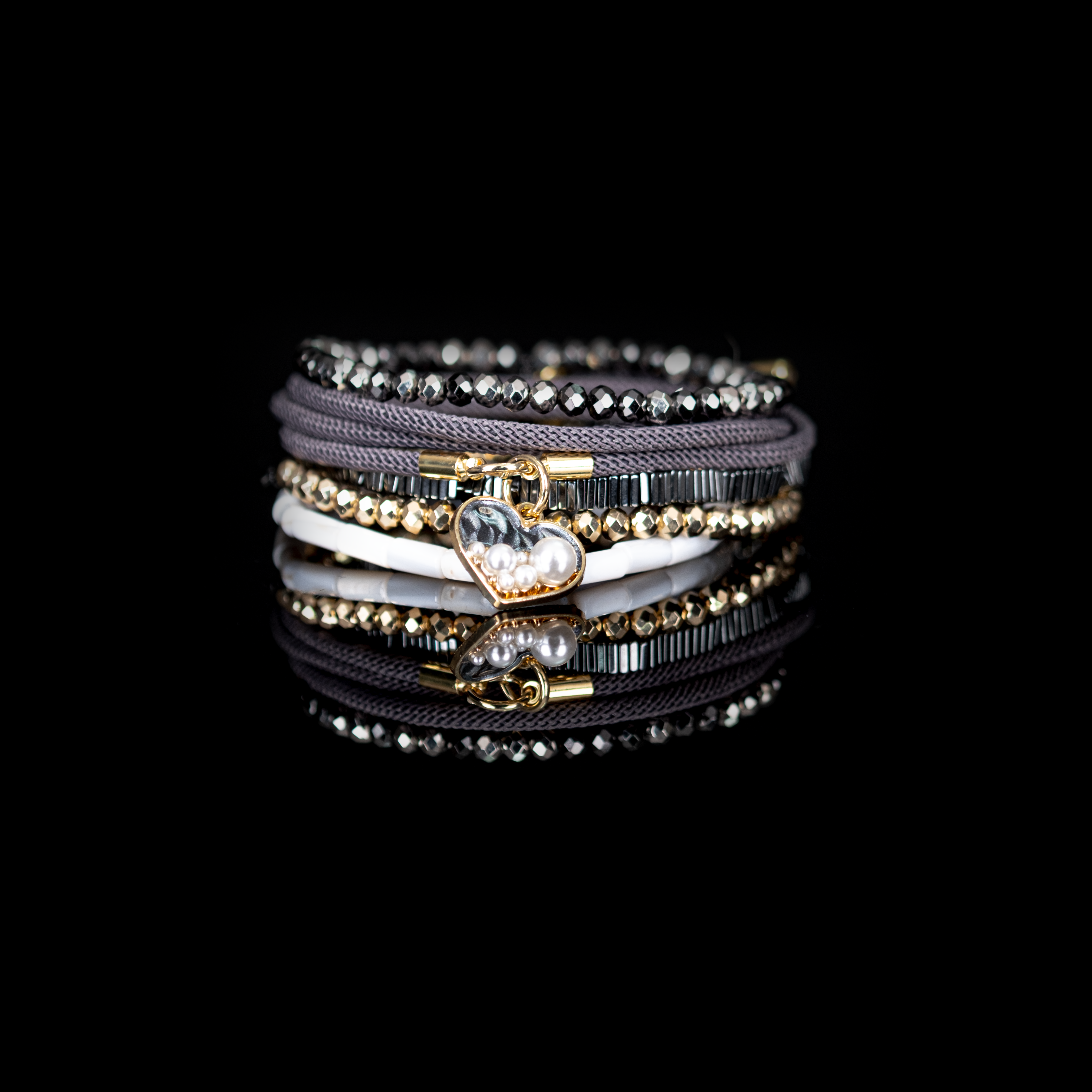 Pearl Heart Charm Grey & Gold Bracelet Stack
