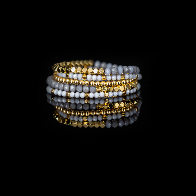 Layered Bead Stack Bracelet Grey Mist Gold