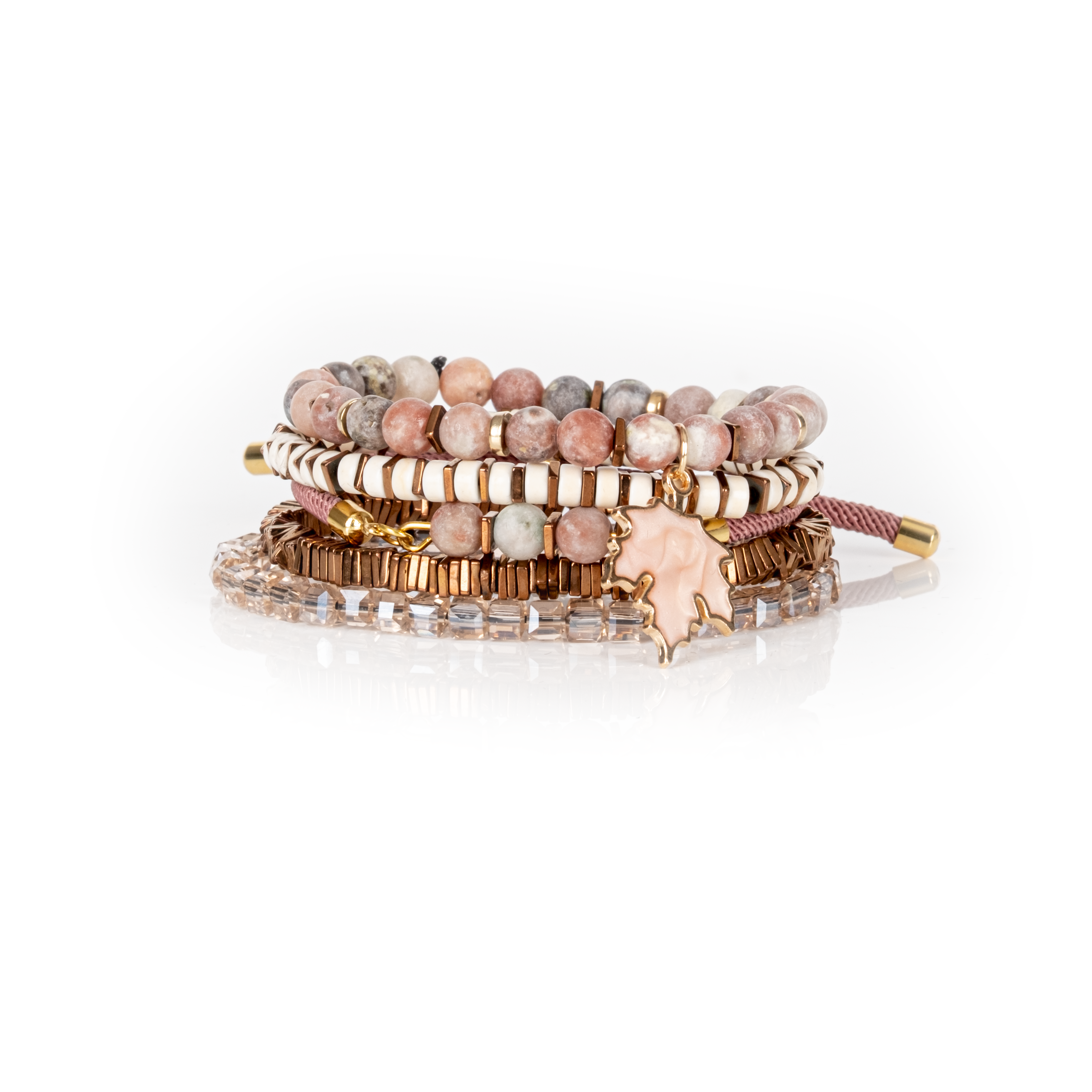 Blush Maple Charm Bracelet Stack Rose & Nude Beaded Set