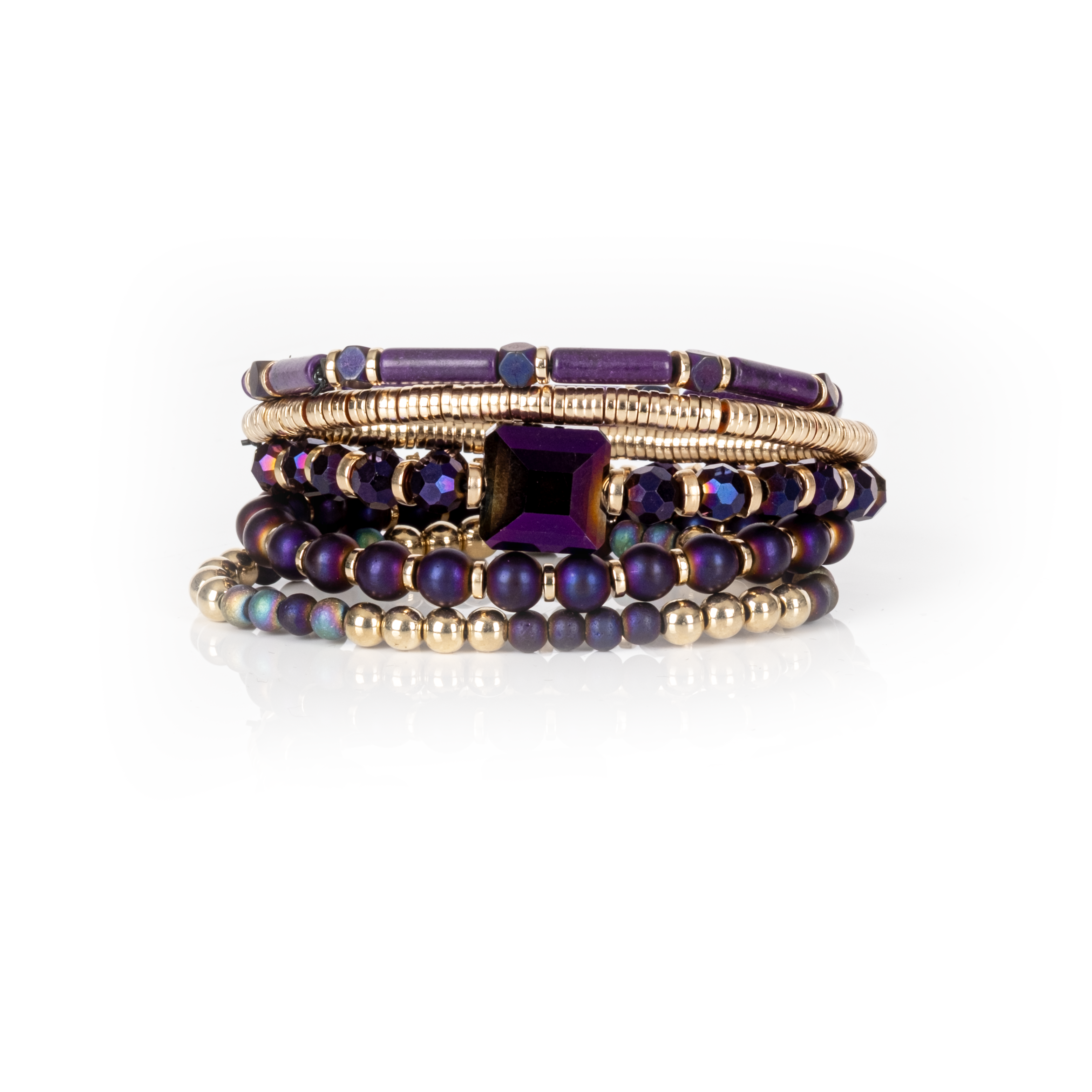 Midnight Amethyst Crystal Bracelet Stack Deep Purple & Gold