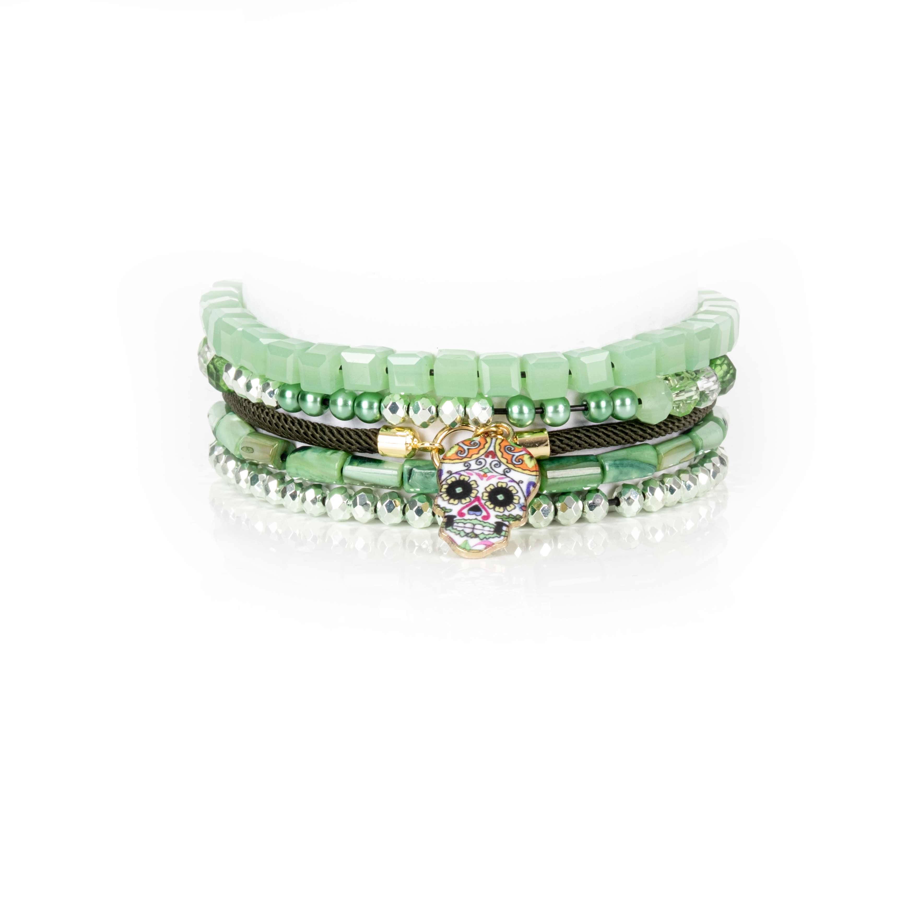 Mint Crystal Stack Bracelet with Sugar Skull Charm