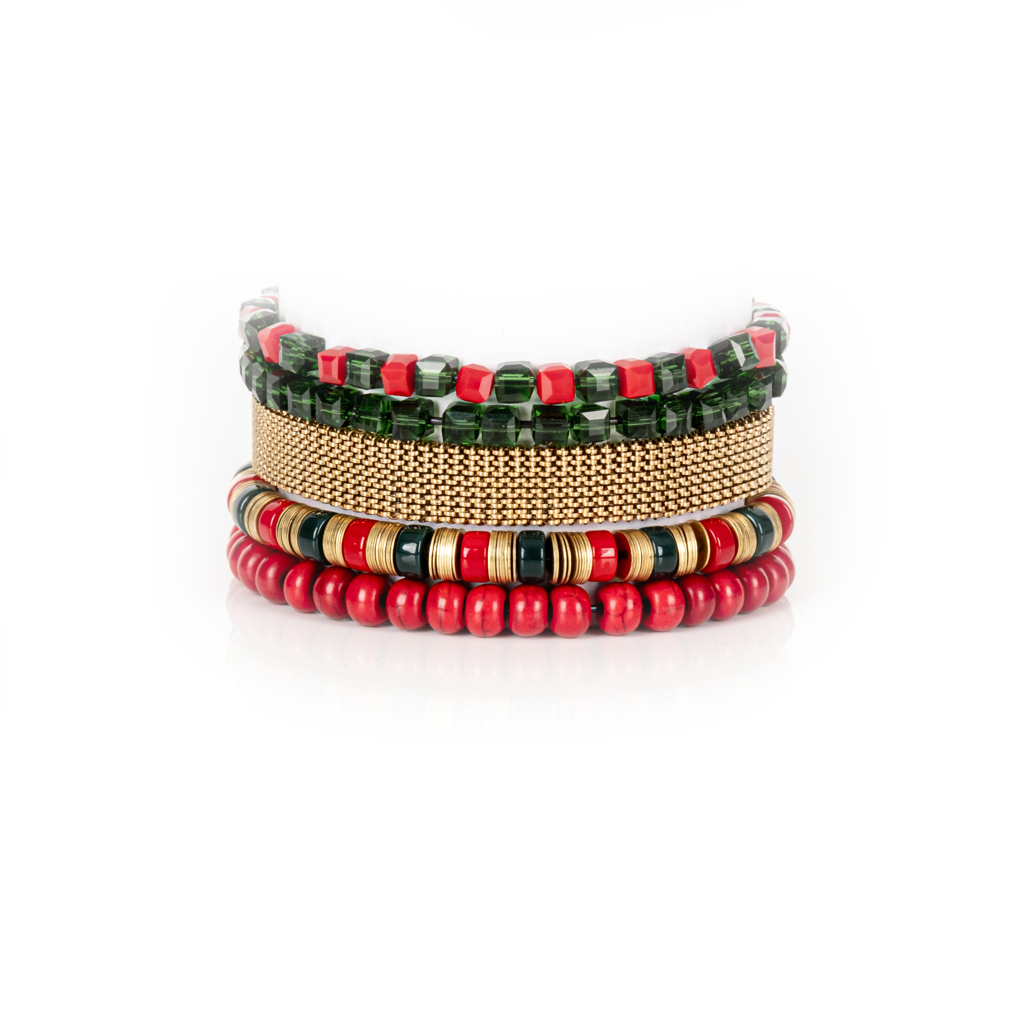 Emerald Fire Crystal & Gold Mesh Bracelet Stack