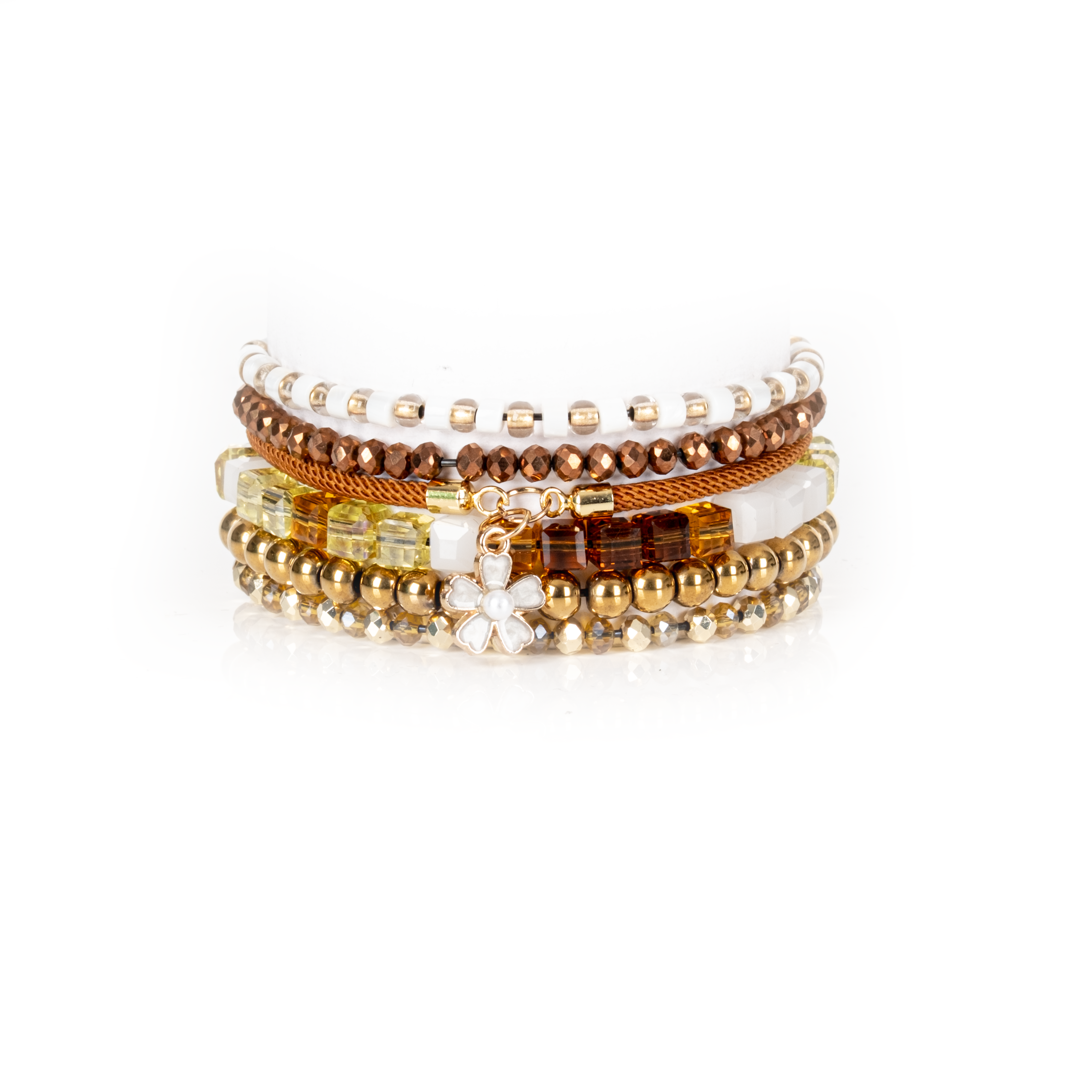 Honey Glow Crystal & Gold Bracelet Stack with White Flower