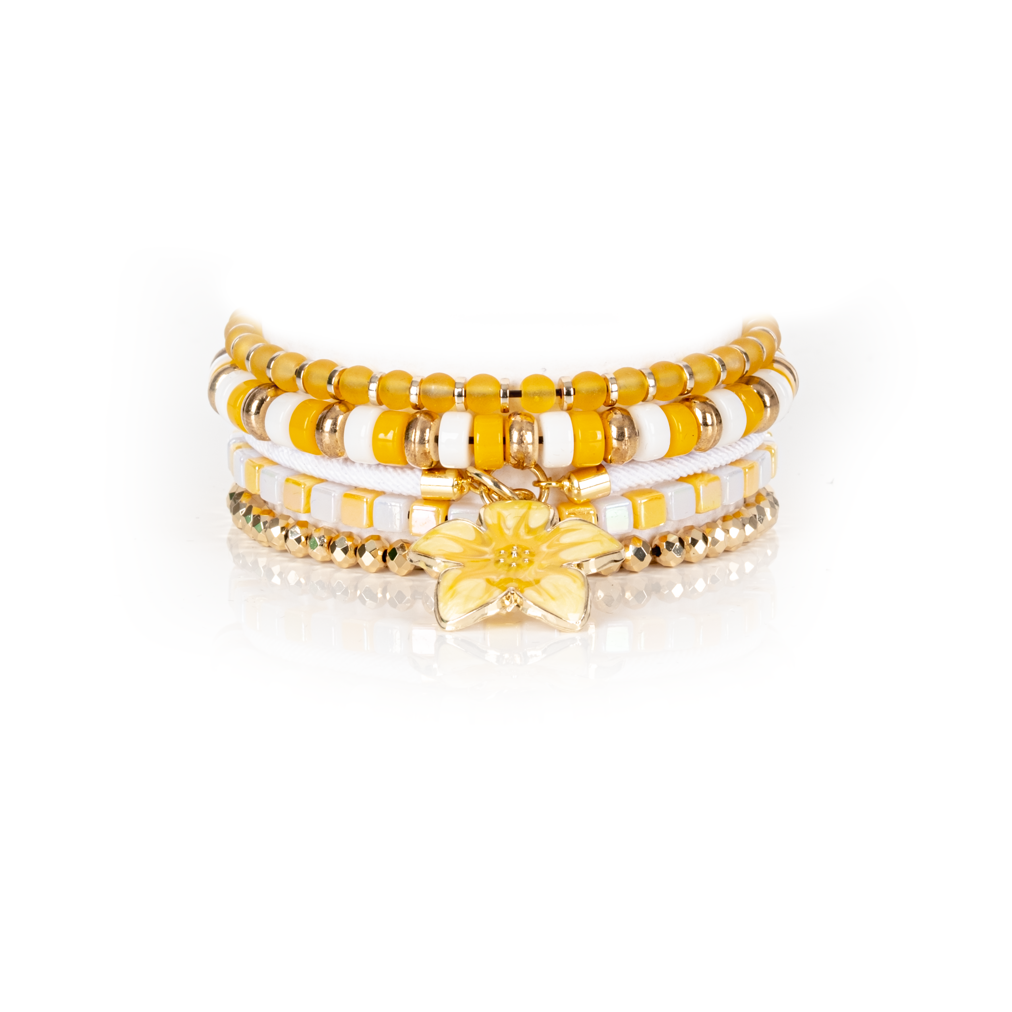Golden Bloom Yellow & White Bracelet Stack with Floral Charm