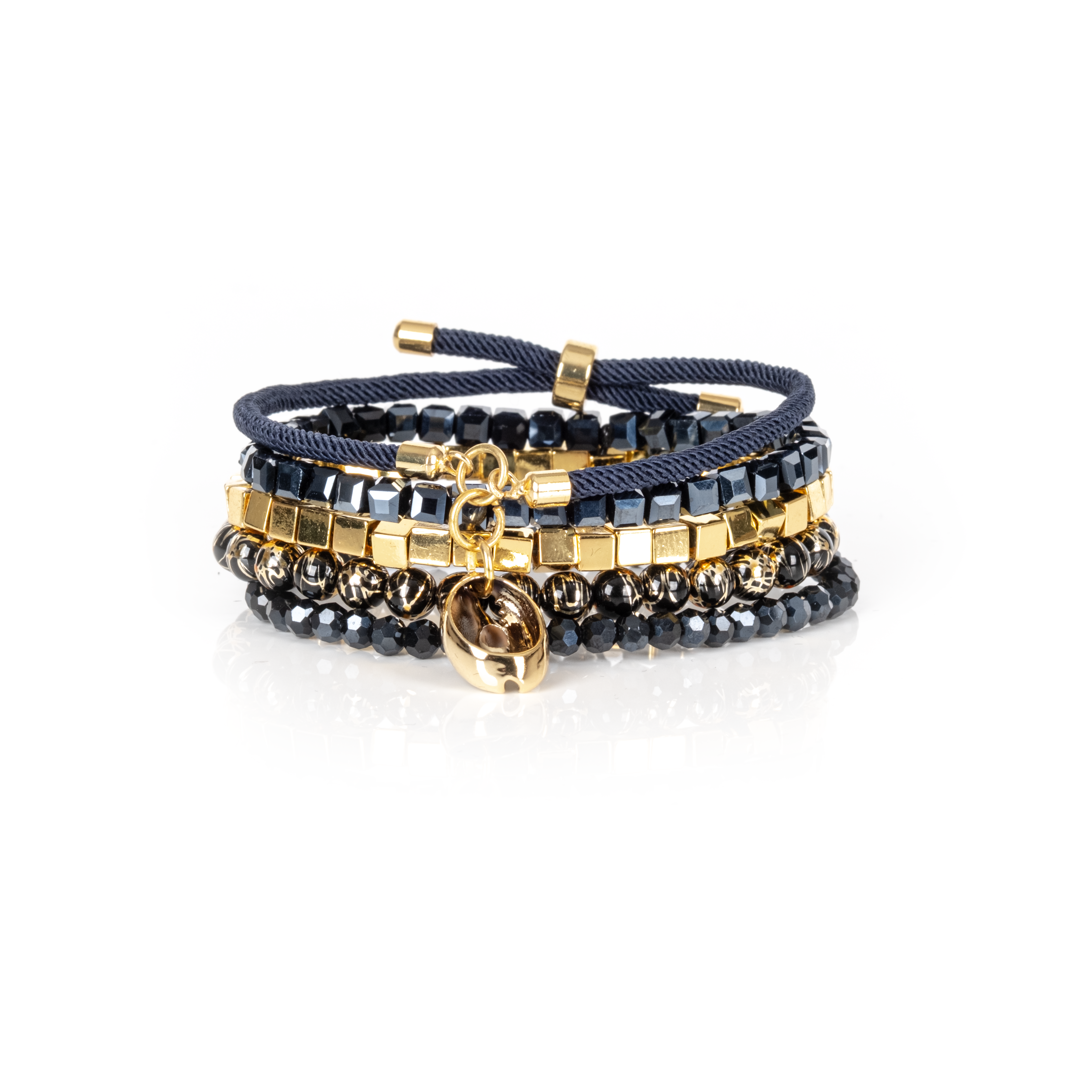 Midnight Navy Bracelet Stack with Gold Cube Beads & Shell