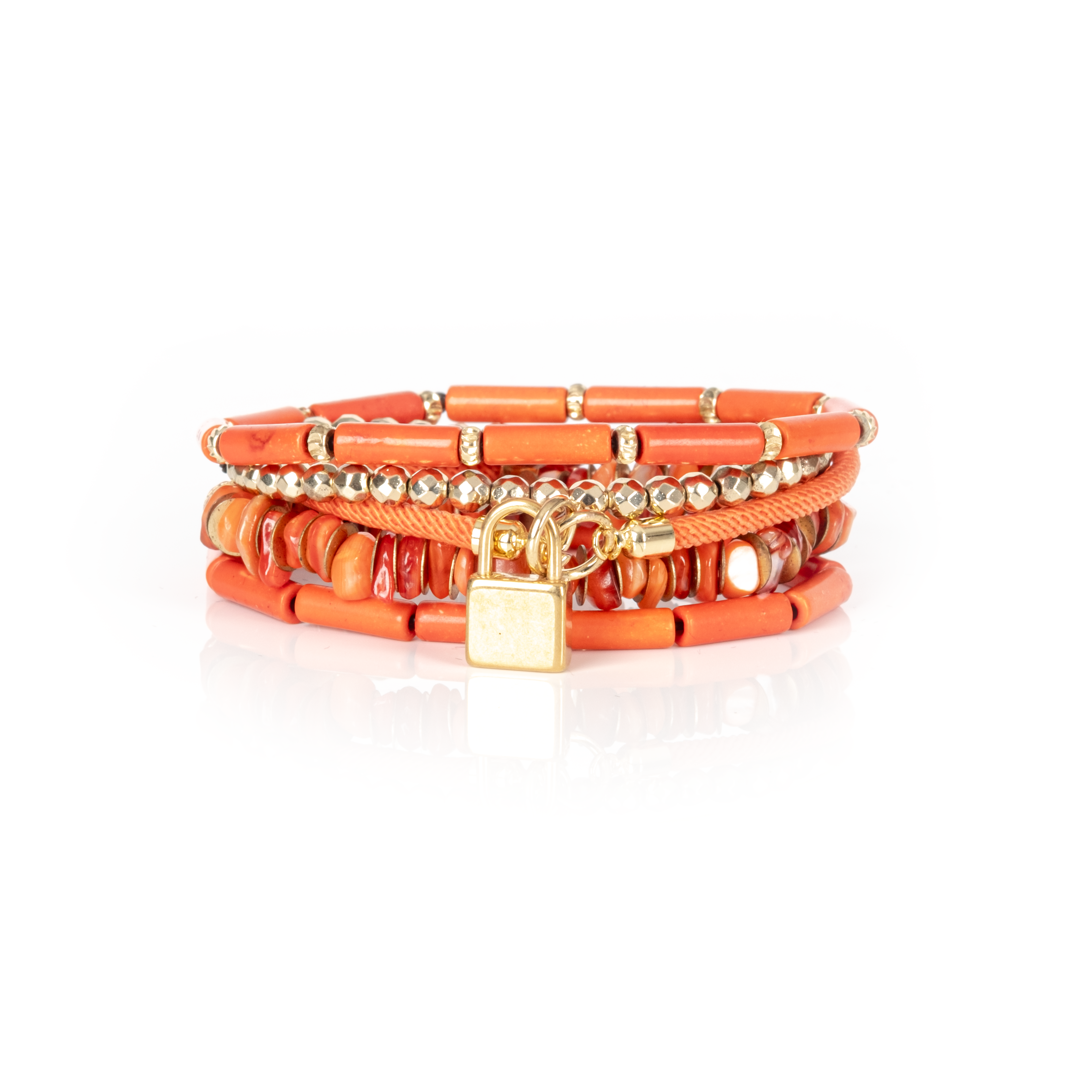 Orange Coral Bracelet Stack with Gold Lock Charm Handmade
