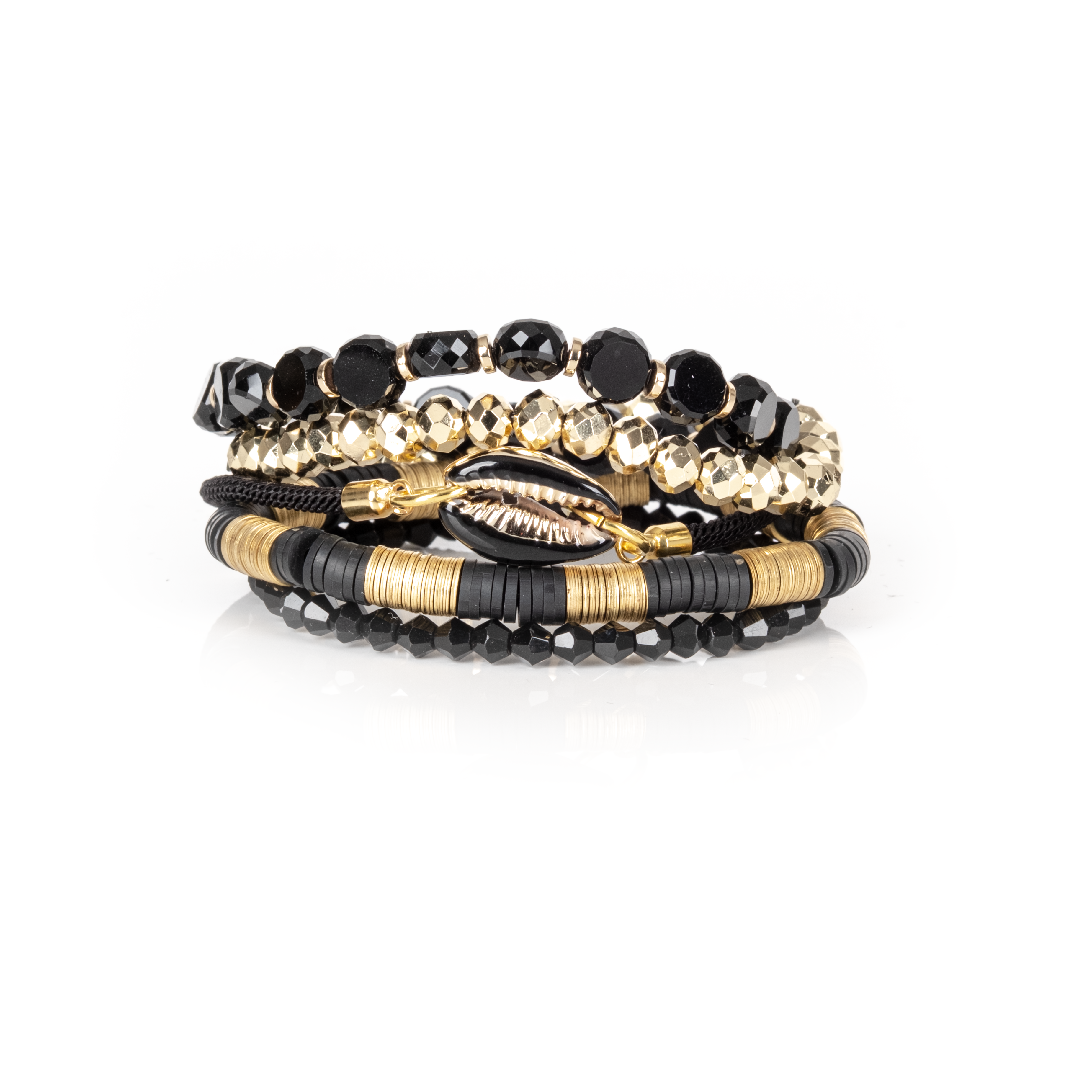 Black & Gold Cowrie Shell Bracelet Stack Onyx Beads