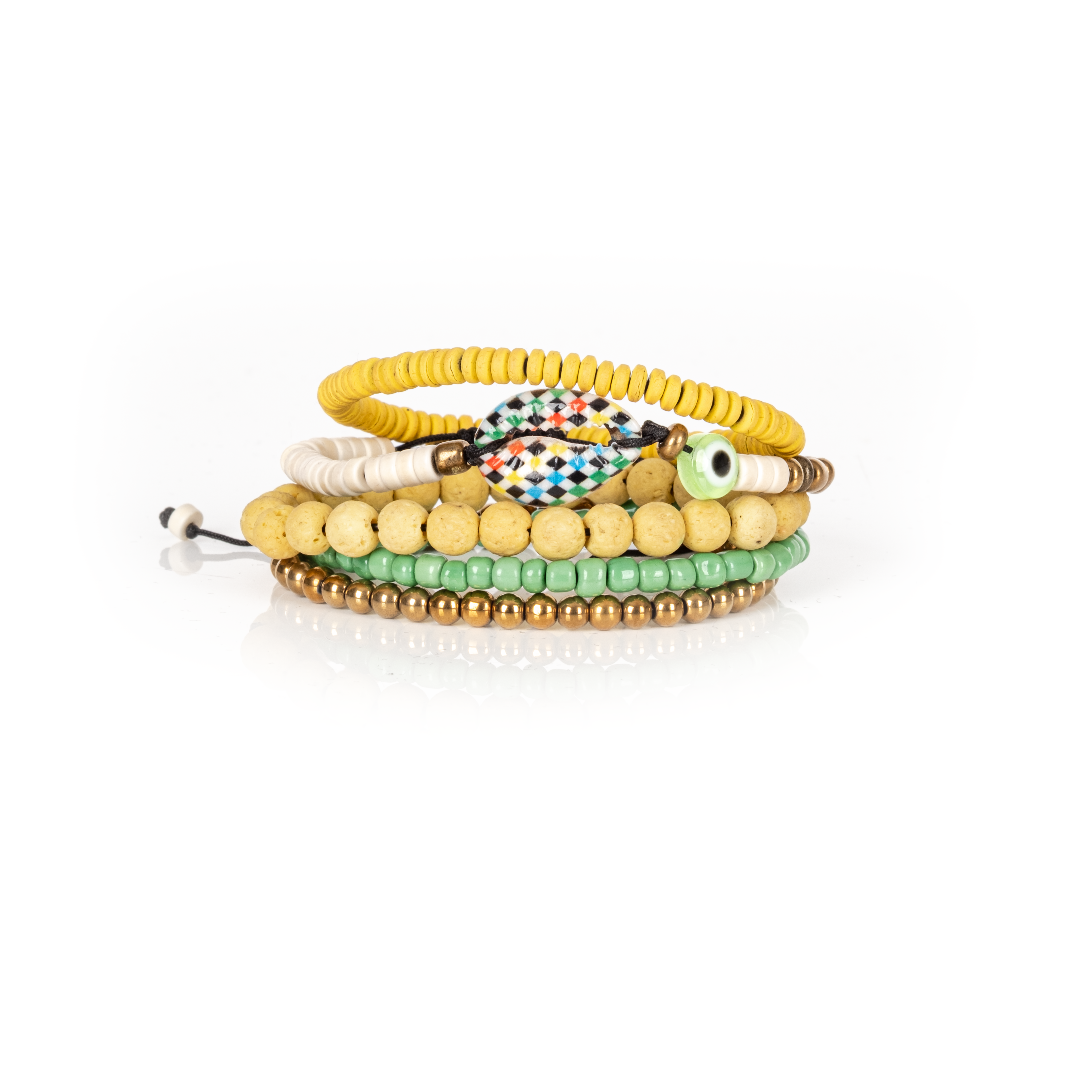 Yellow + Mint Bracelet Stack Heishi Disc Beads, Evil Eye