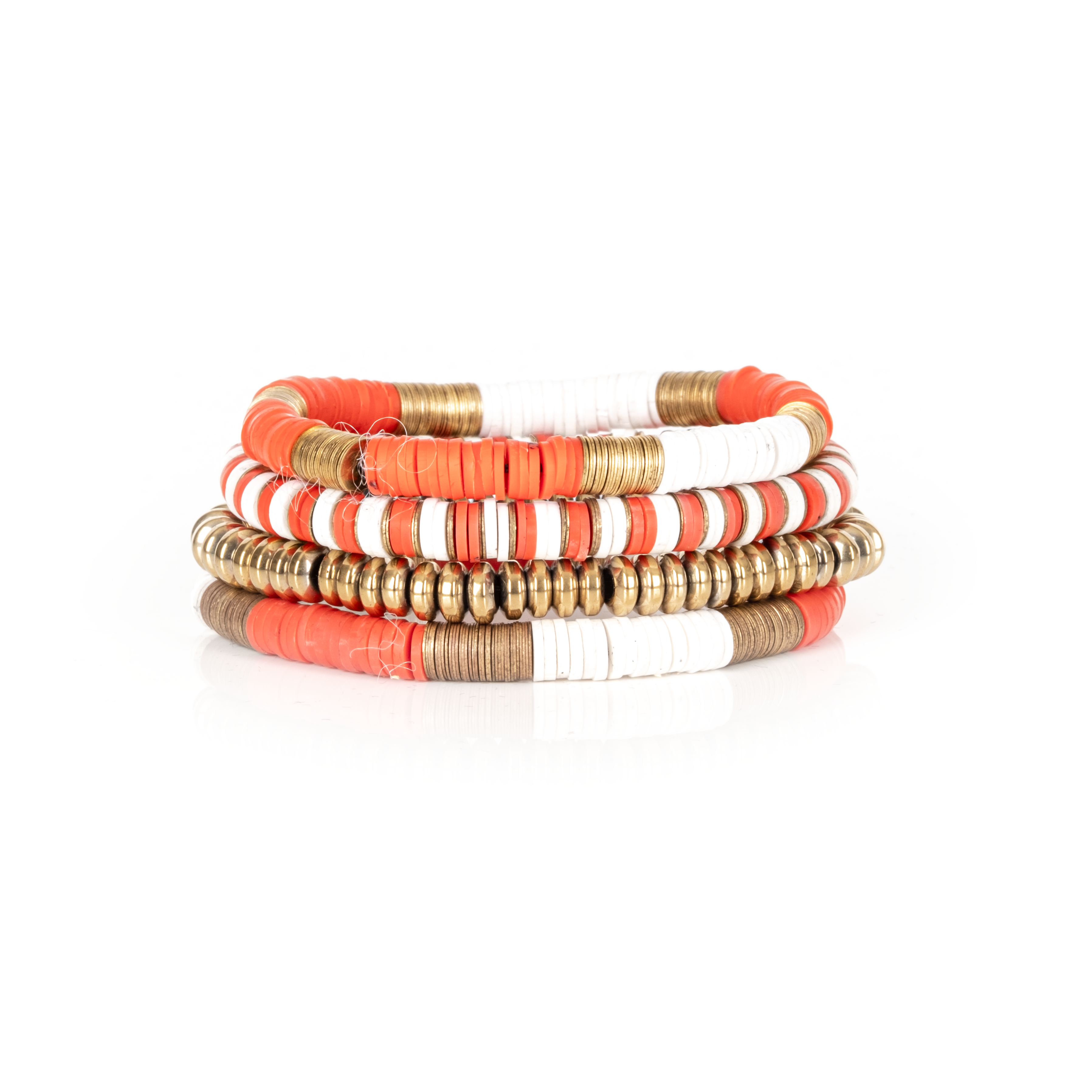 Coral + White Bracelet Stack Heishi Disc Beads with Gold