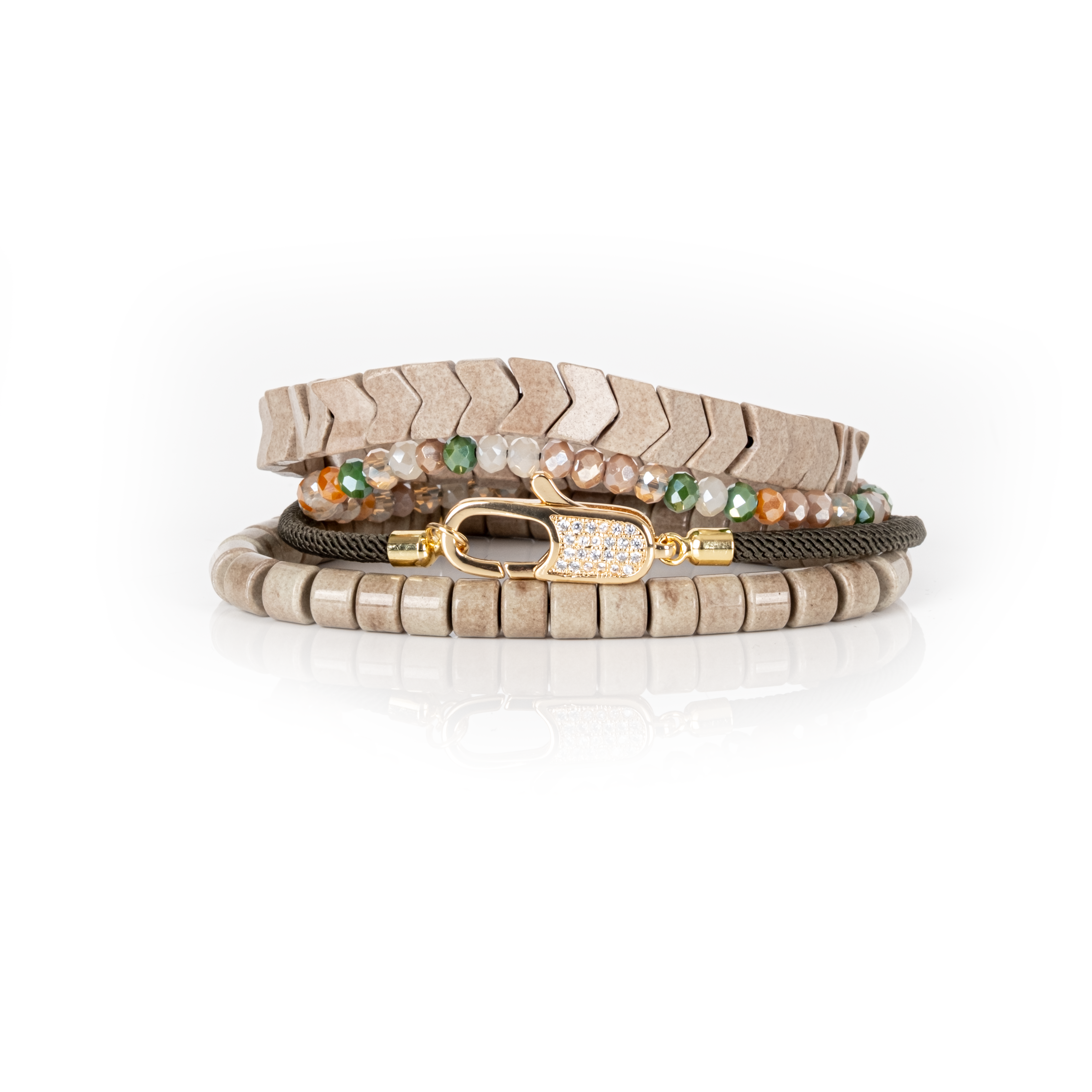 Pavé Lock Multi-Layer Beaded Bracelet Stack Sand & Olive