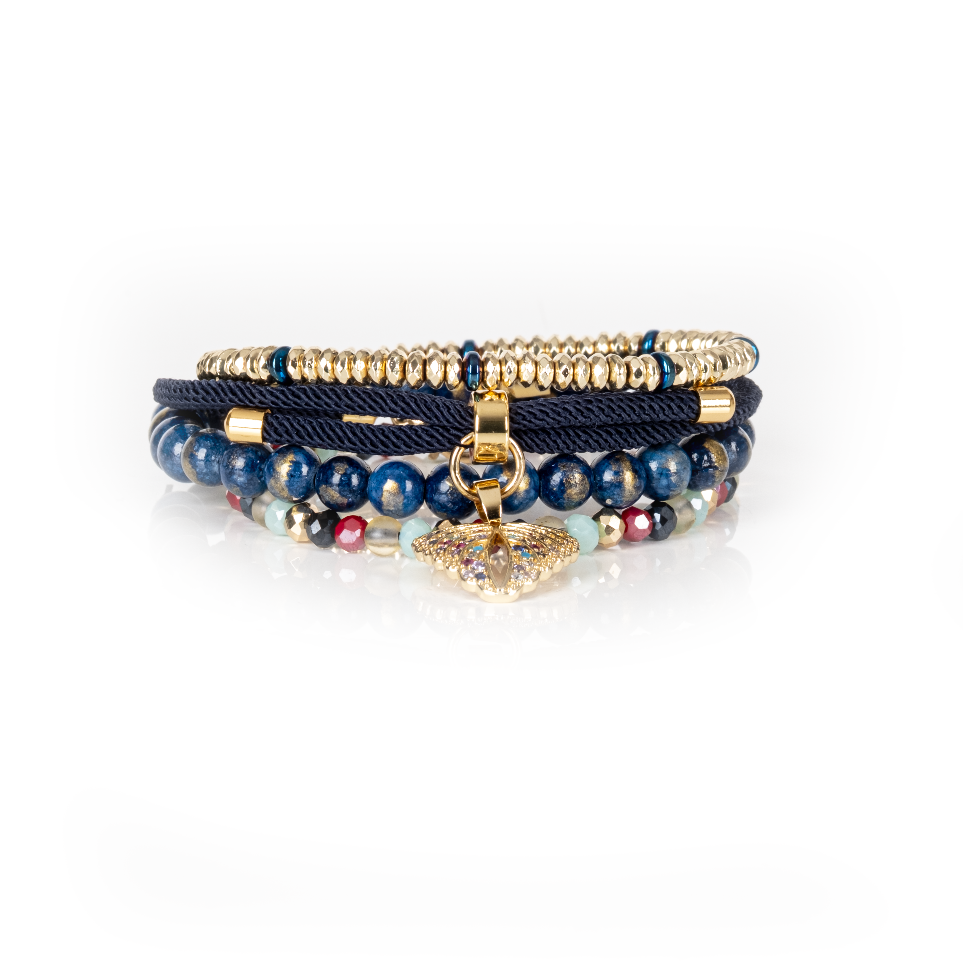 Midnight Shell Multi-Layer Beaded Bracelet Stack Navy & Go