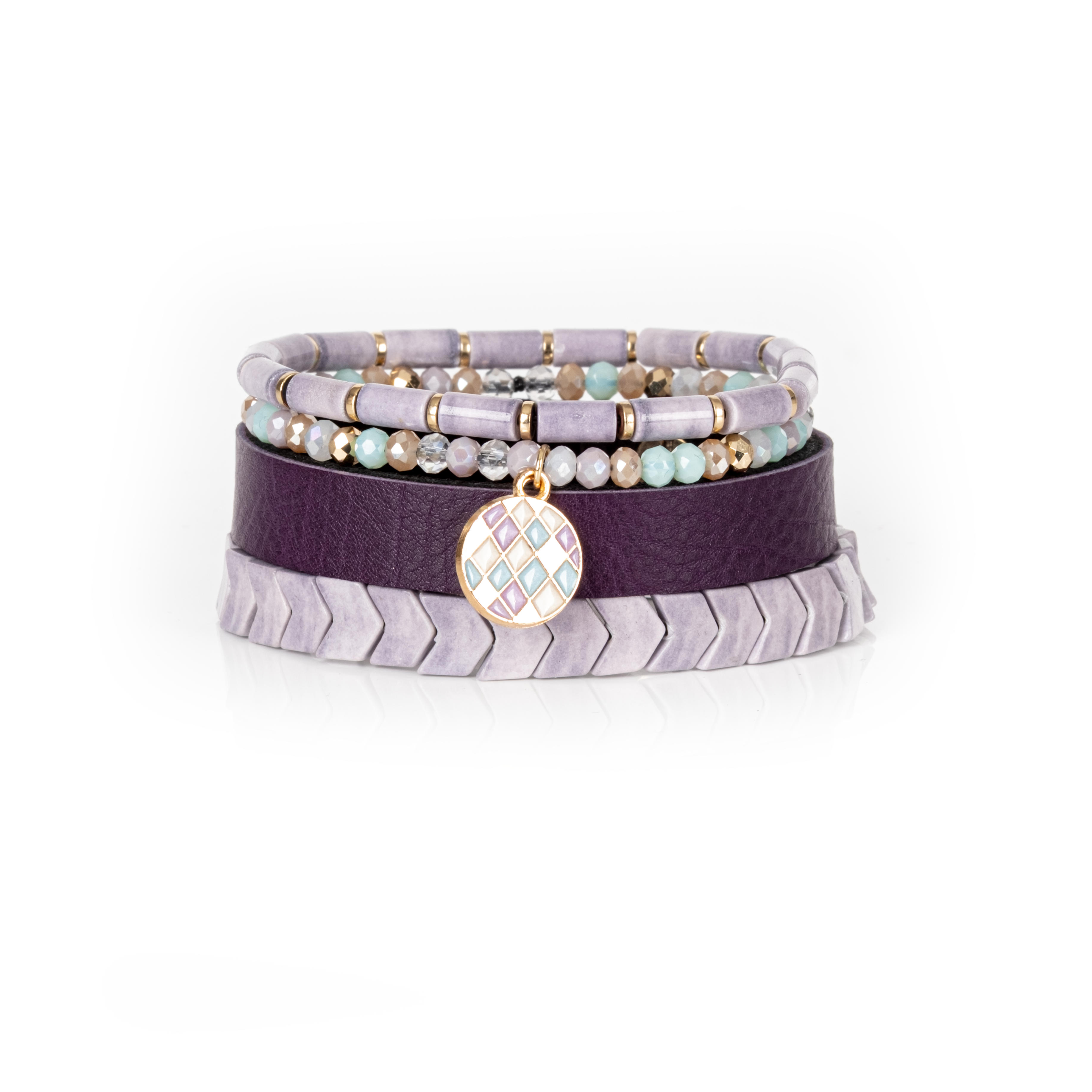 Amethyst Mosaic Leather Bracelet Stack Lilac Mint & Gold