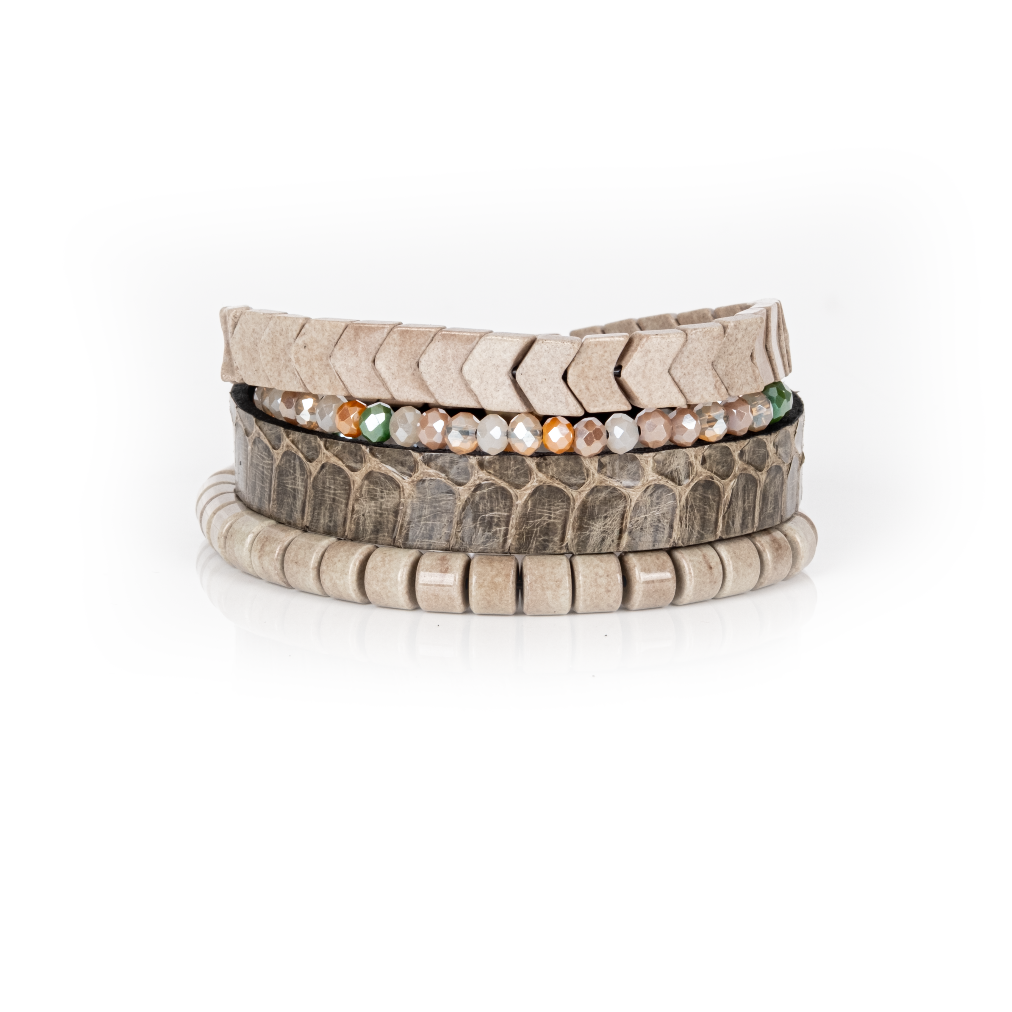 Python Texture Leather & Stone Bead Stack Bracelet