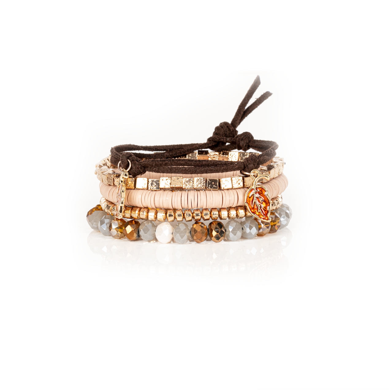 The Autumn Whisper Beaded Bracelet Set with Leaf Charm