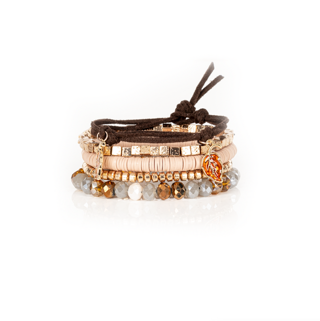 The Autumn Whisper Beaded Bracelet Set with Leaf Charm