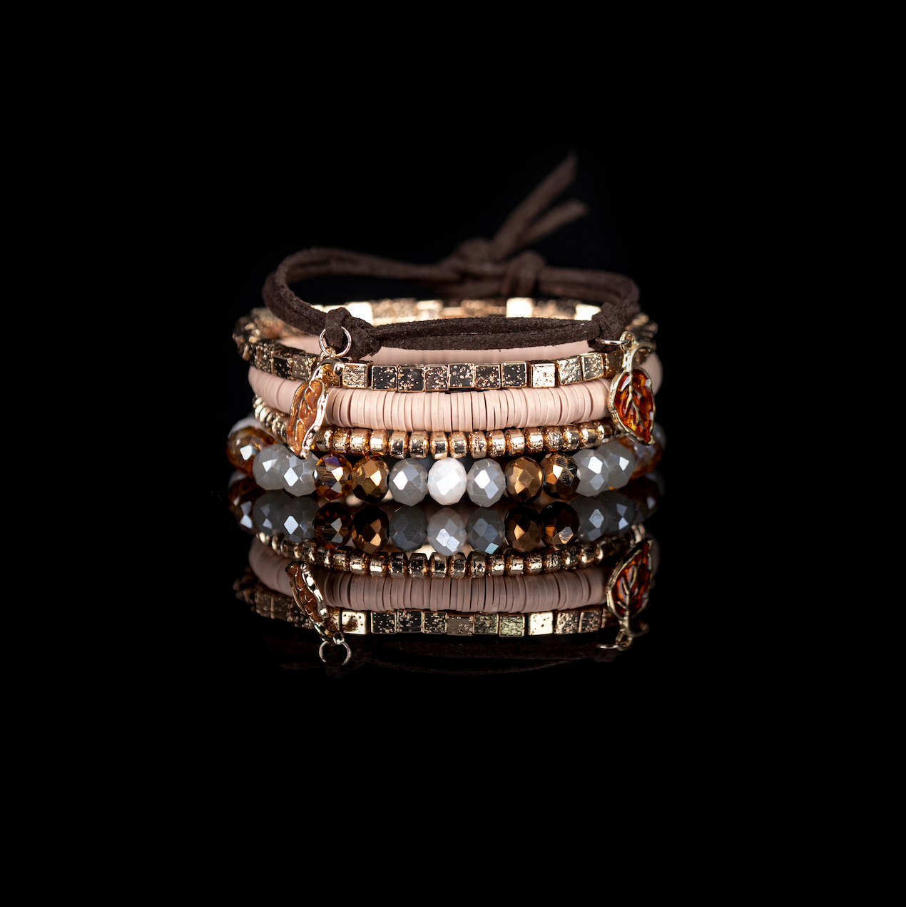 The Autumn Whisper Beaded Bracelet Set with Leaf Charm