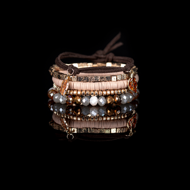 The Autumn Whisper Beaded Bracelet Set with Leaf Charm