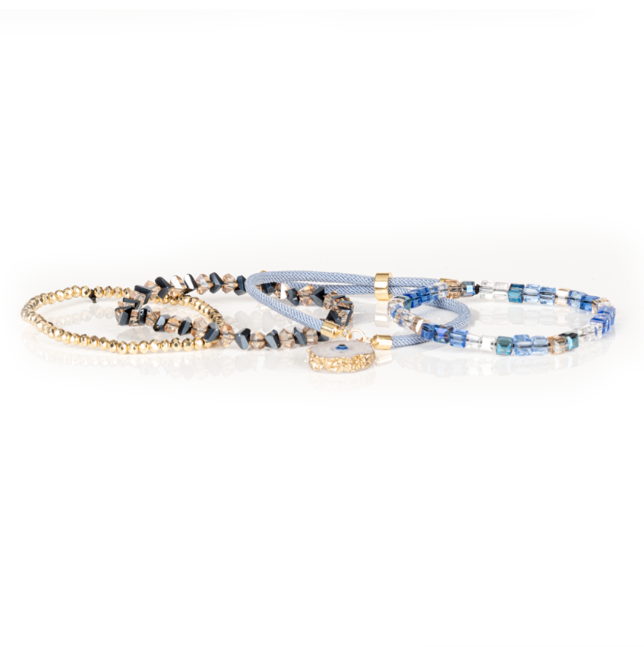 The Ocean Muse Blue Crystal & Evil Eye Layered Bracelet Set