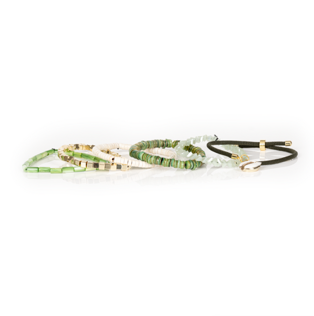 The Whisper Charm Green & Ivory Layered Bracelet Set