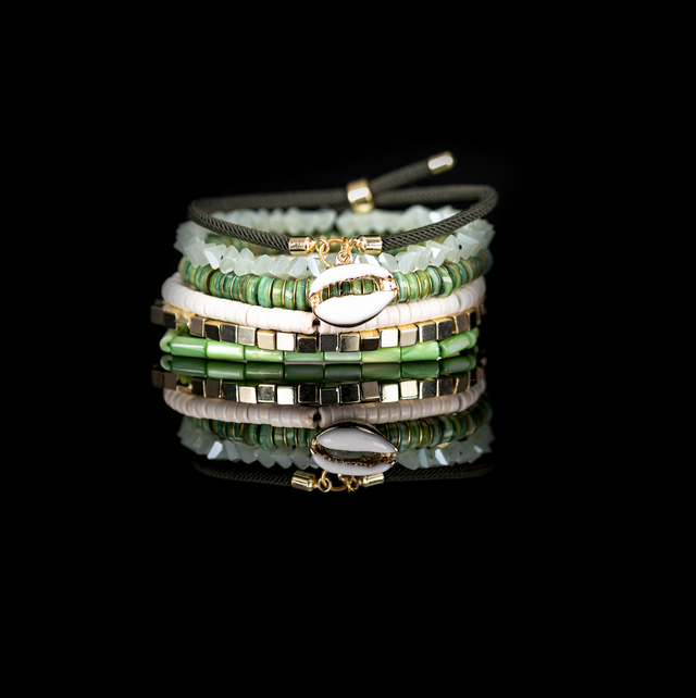 The Whisper Charm Green & Ivory Layered Bracelet Set