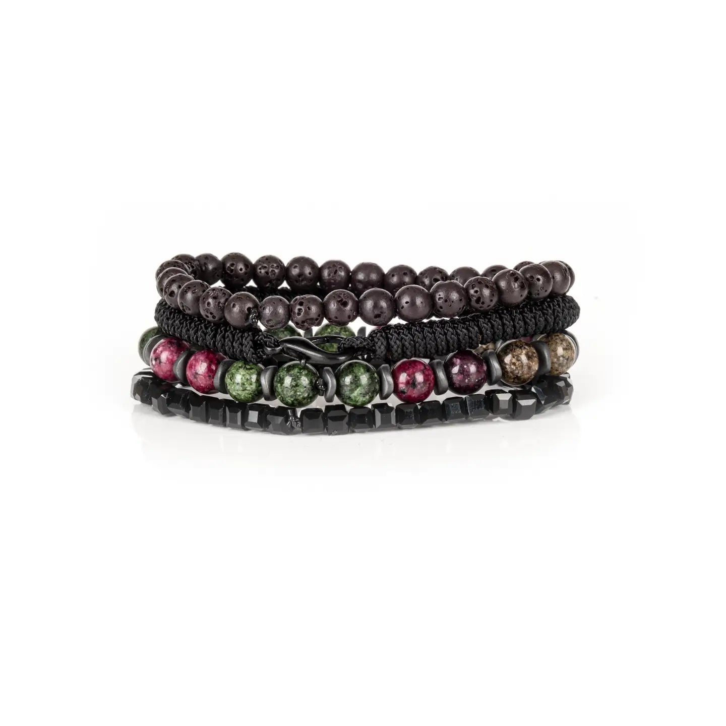 Men's layered bracelet set featuring faceted black crystal cube beads, multicolor natural gemstone beads in green, burgundy, navy, and beige tones, black woven cord detailing, and matte black lava stone beads arranged in a stacked design on a white background.