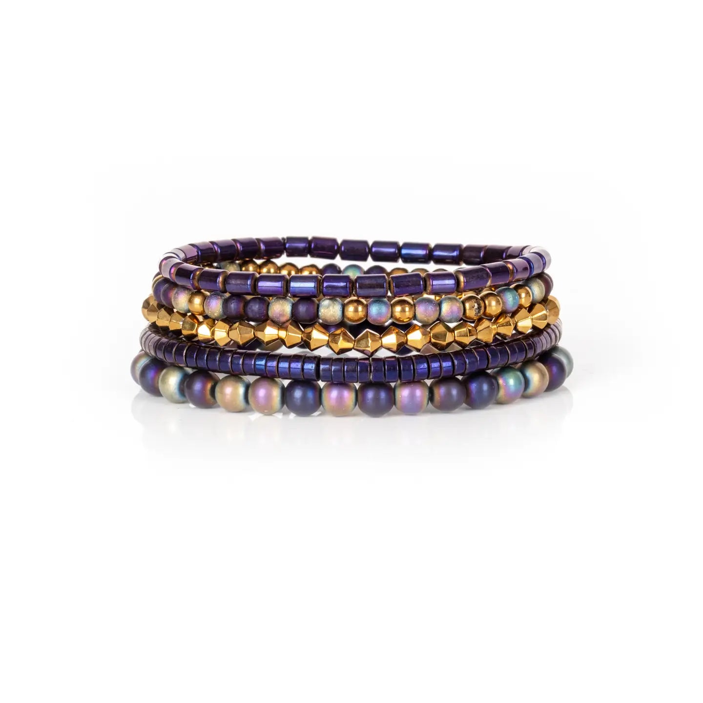 Iridescent Beaded Stack Bracelet Set Midnight Purple & Gold
