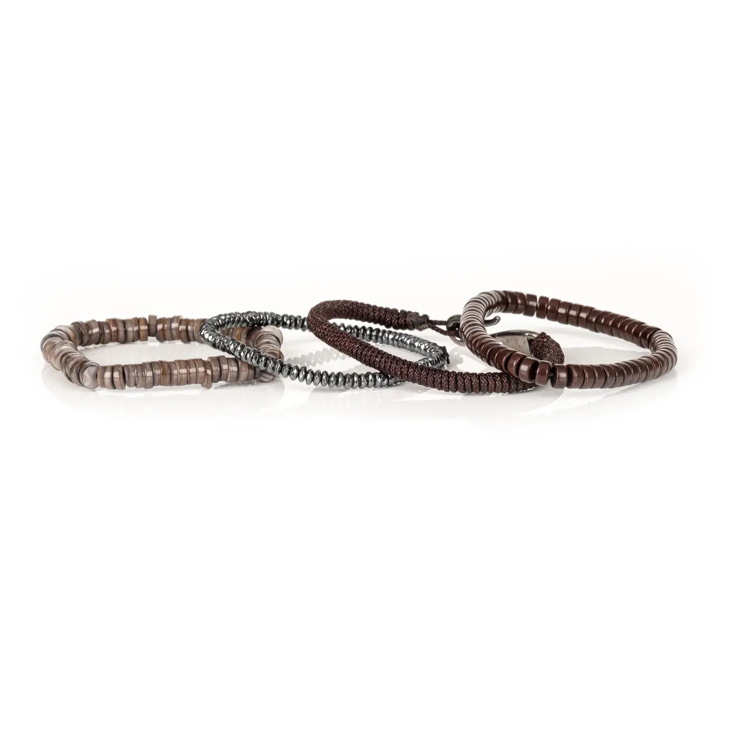 Men's layered bracelet set featuring dark brown heishi beads, faceted hematite spacer beads, brown woven cord detailing, and taupe natural stone disc beads arranged in a minimalist stacked design on a white background.