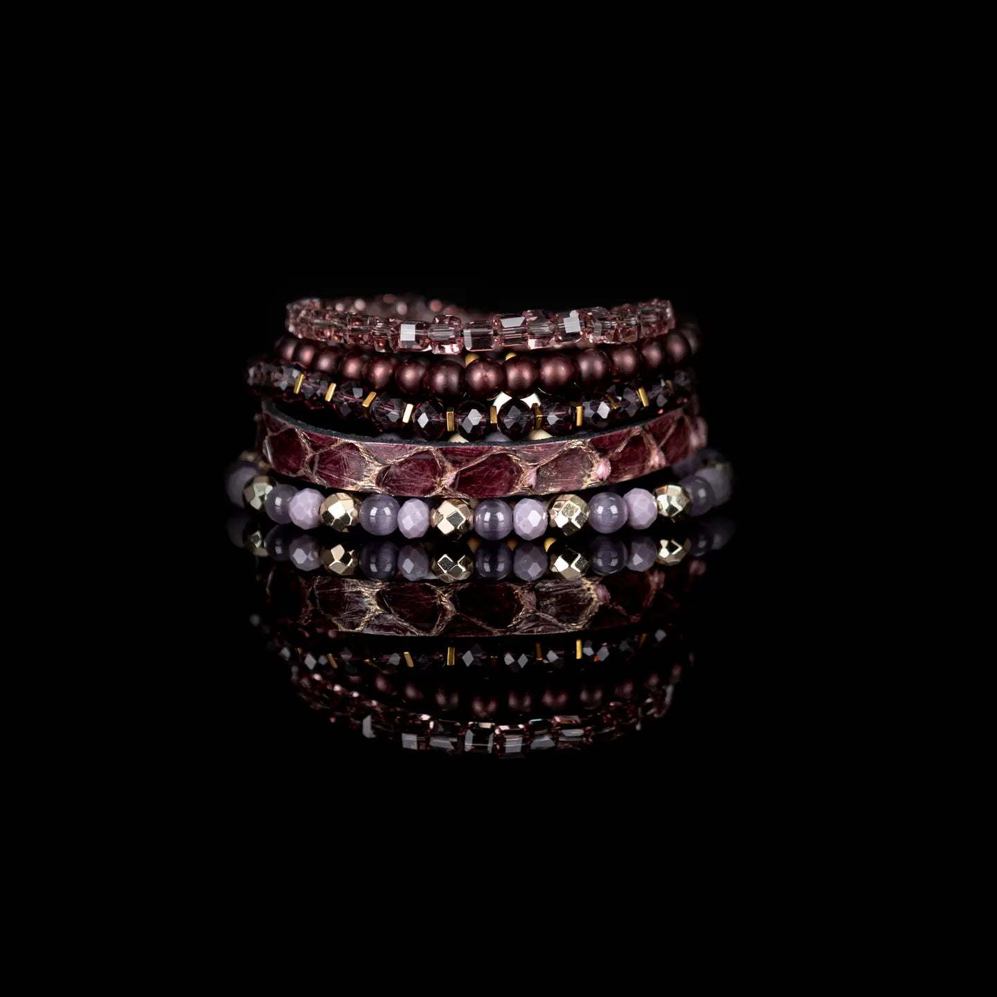 Python Leather Stack Bracelet Set Burgundy Smoke & Gold