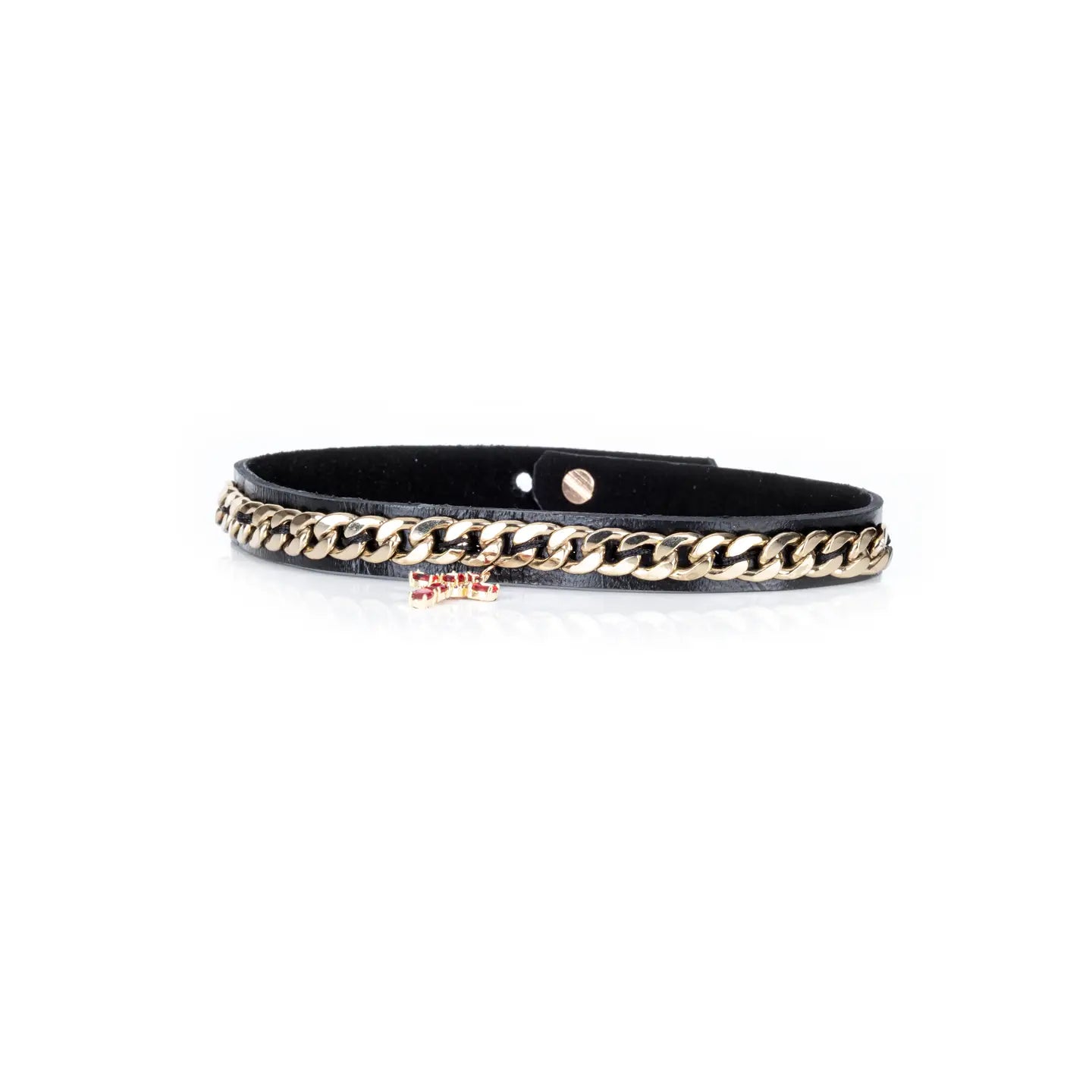 Black leather choker with gold chain detail and a red crystal cross pendant, centered on a white background.