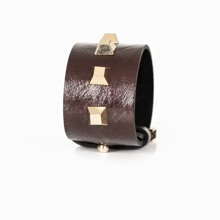 Eclipse Stud Cuff Brown Leather Bracelet with Gold Pyramid
