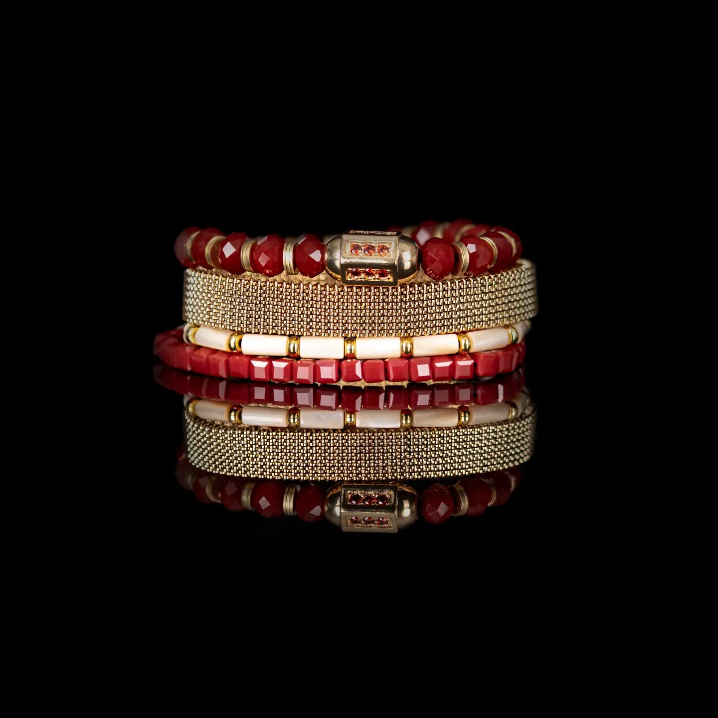 Ruby Red & Gold Beaded Bracelet Stack Crimson Glow