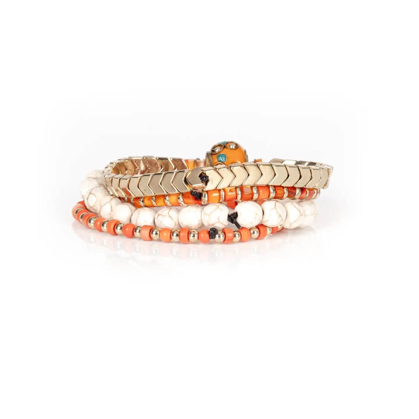 Orange & White Beaded Bracelet Stack Chevron Gold Accent