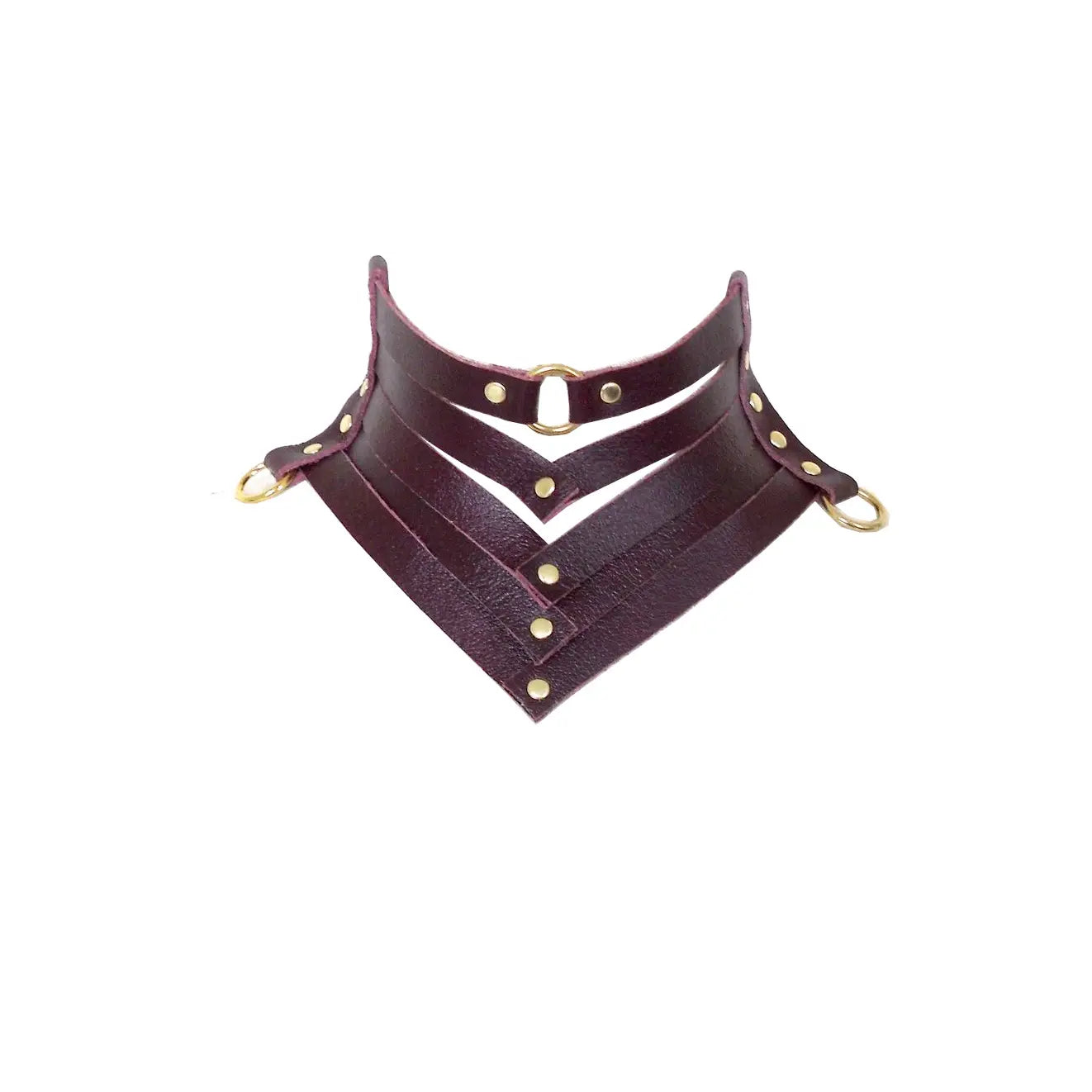 Burgundy leather layered choker with gold rivets and central ring detail, displayed on a white background.