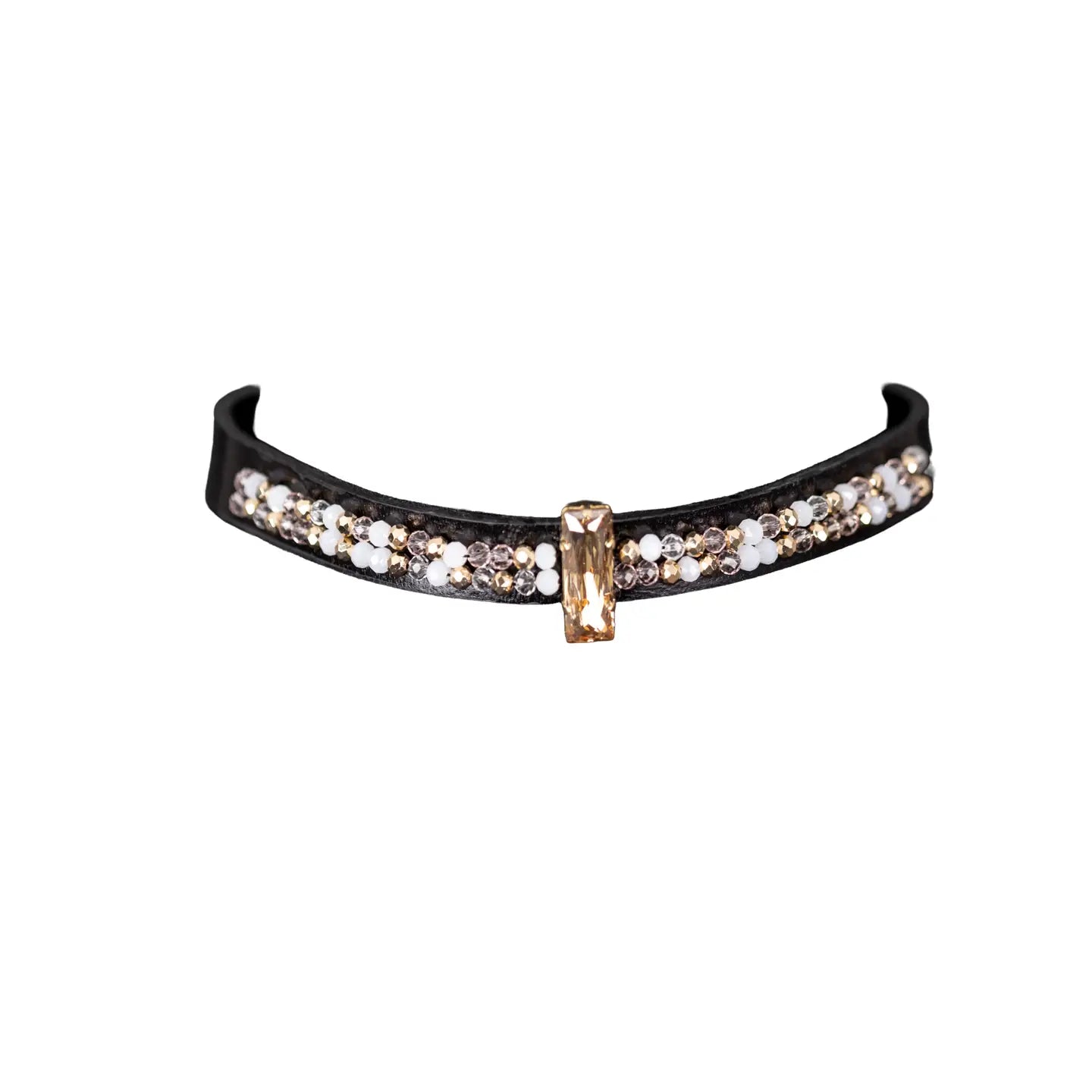 Black leather choker with a central champagne crystal and mixed white and gold crystal detailing along the band, displayed on a white background.