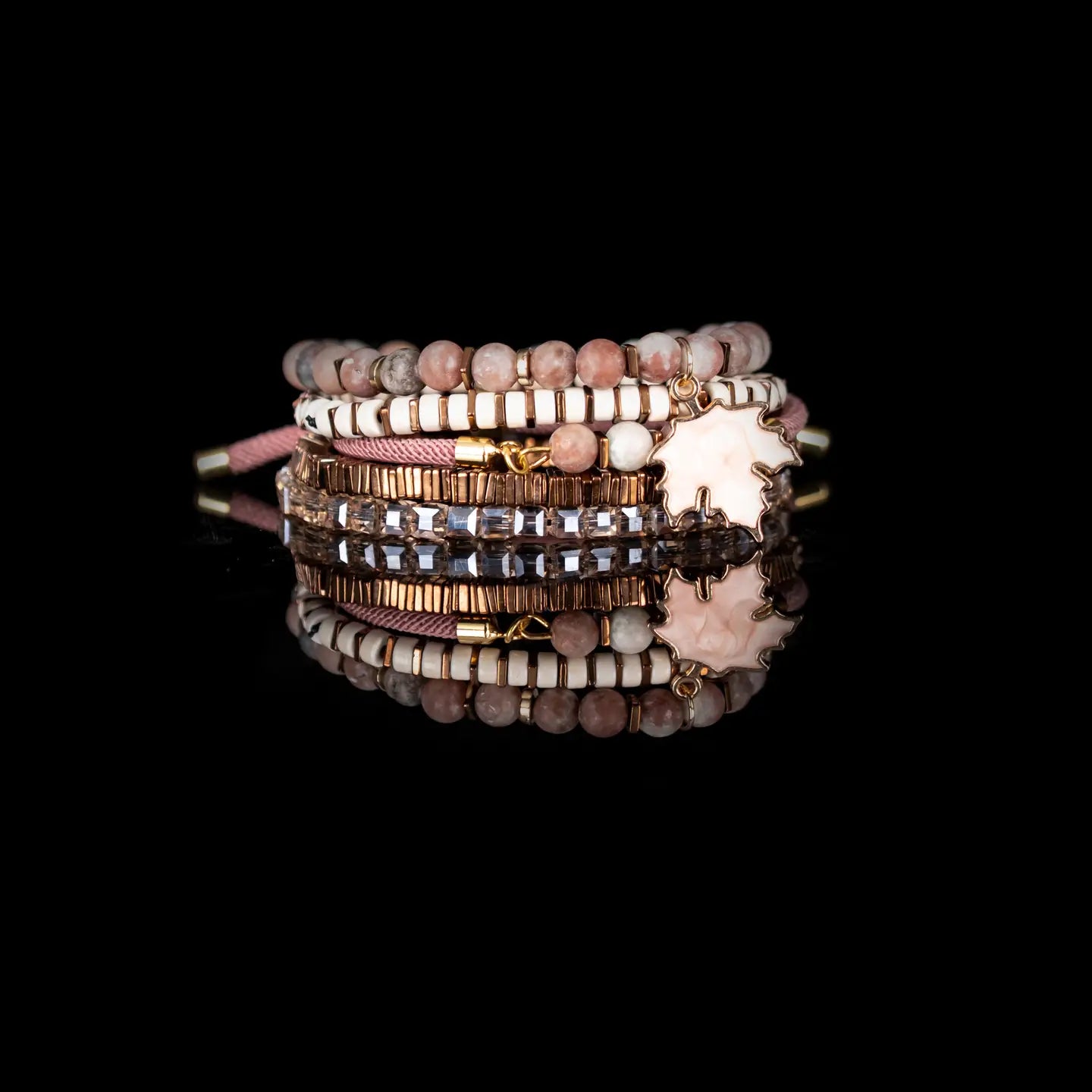 Blush Maple Charm Bracelet Stack Rose & Nude Beaded Set