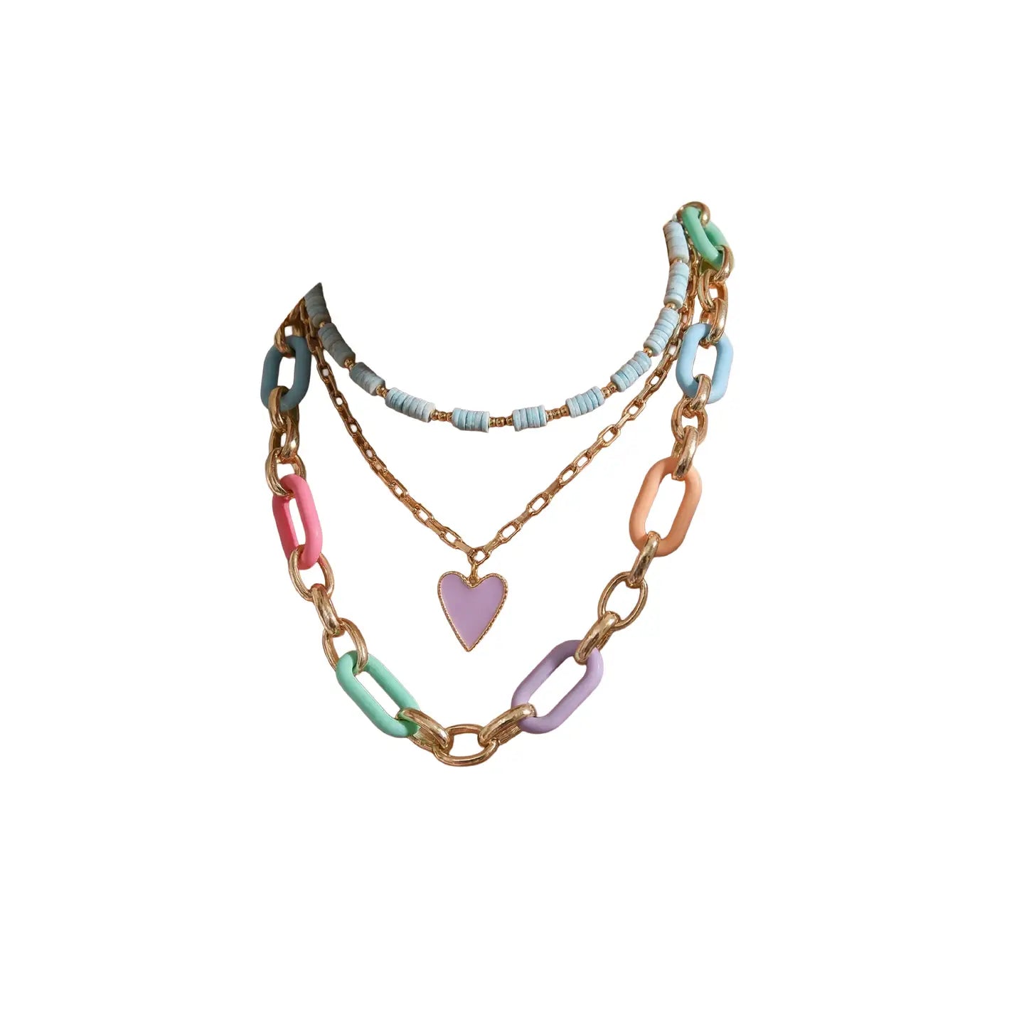 Layered pastel enamel chain necklace with gold links and a small heart pendant on a white background.