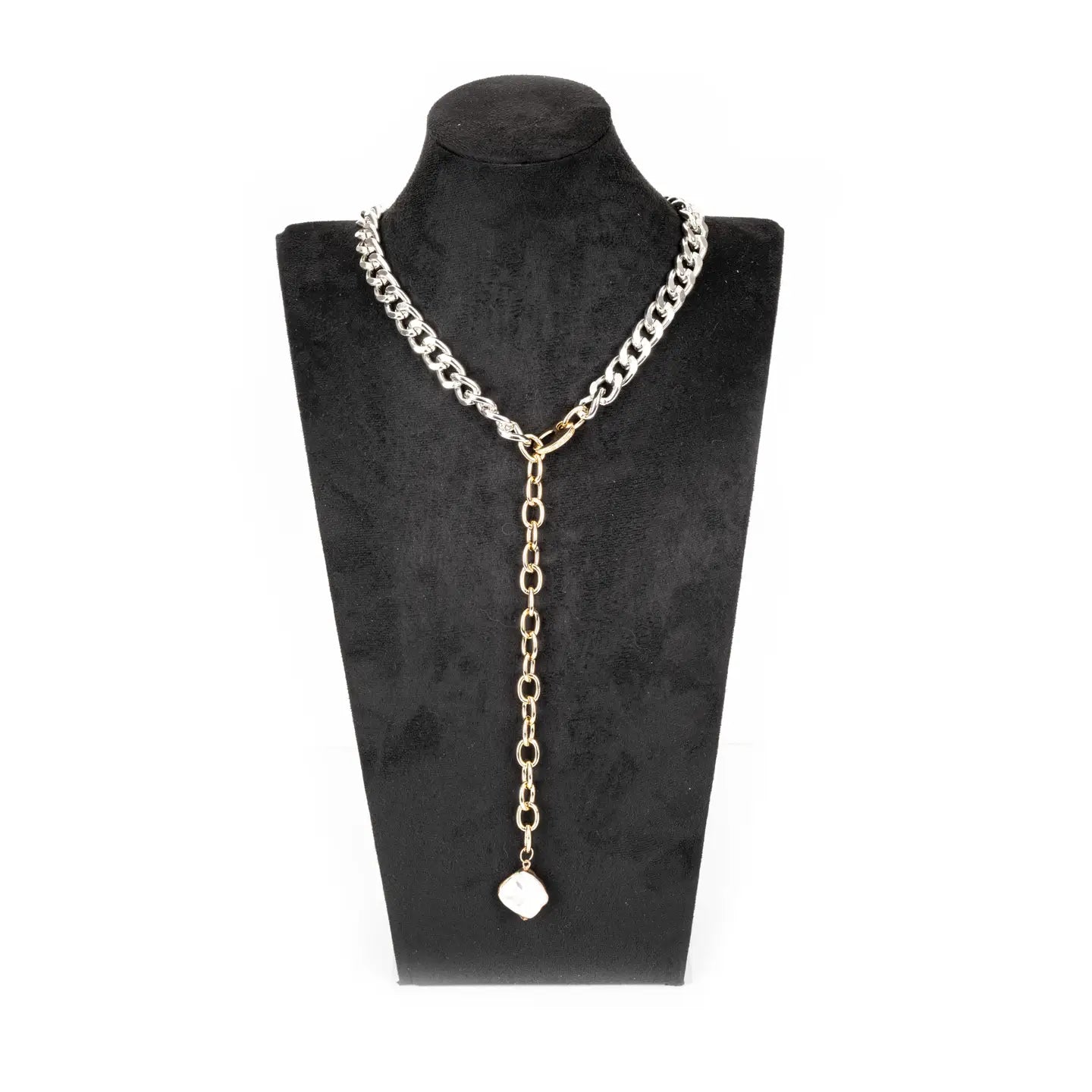 Two-tone silver and gold chain Y necklace with white stone pendant on white background.
