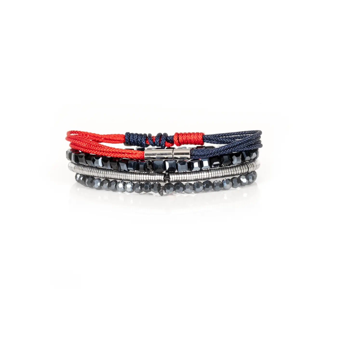 Men's layered bracelet set featuring faceted black crystal beads, polished hematite accents, silver-tone spacer beads, and woven navy and red cord details arranged in a stacked design on a white background.
