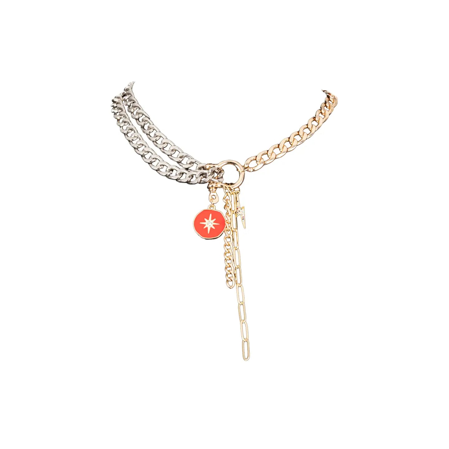 Mixed metal chain necklace with red charm and drop chain in gold and silver tones on white background.