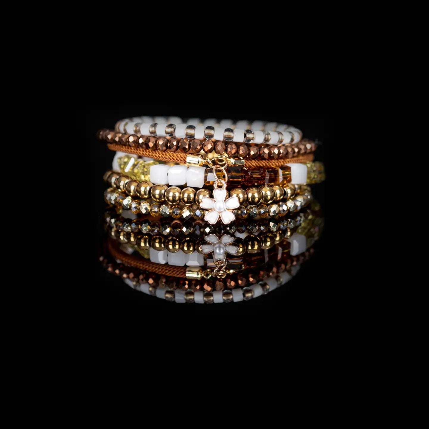 Honey Glow Crystal & Gold Bracelet Stack with White Flower