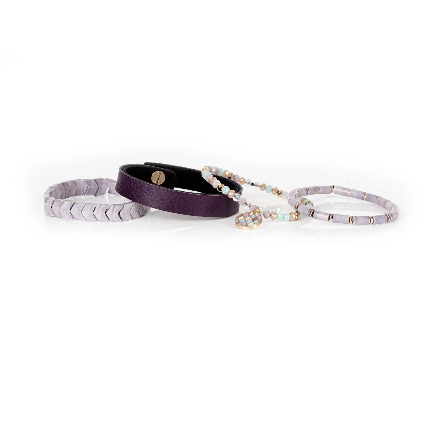 Amethyst Mosaic Leather Bracelet Stack Lilac Mint & Gold