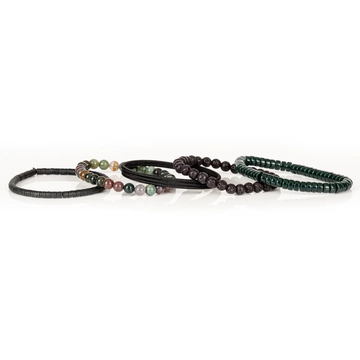 Handmade men's bracelet stack featuring natural lava stone beads, green heishi beads, multicolor gemstone beads, and black accents.