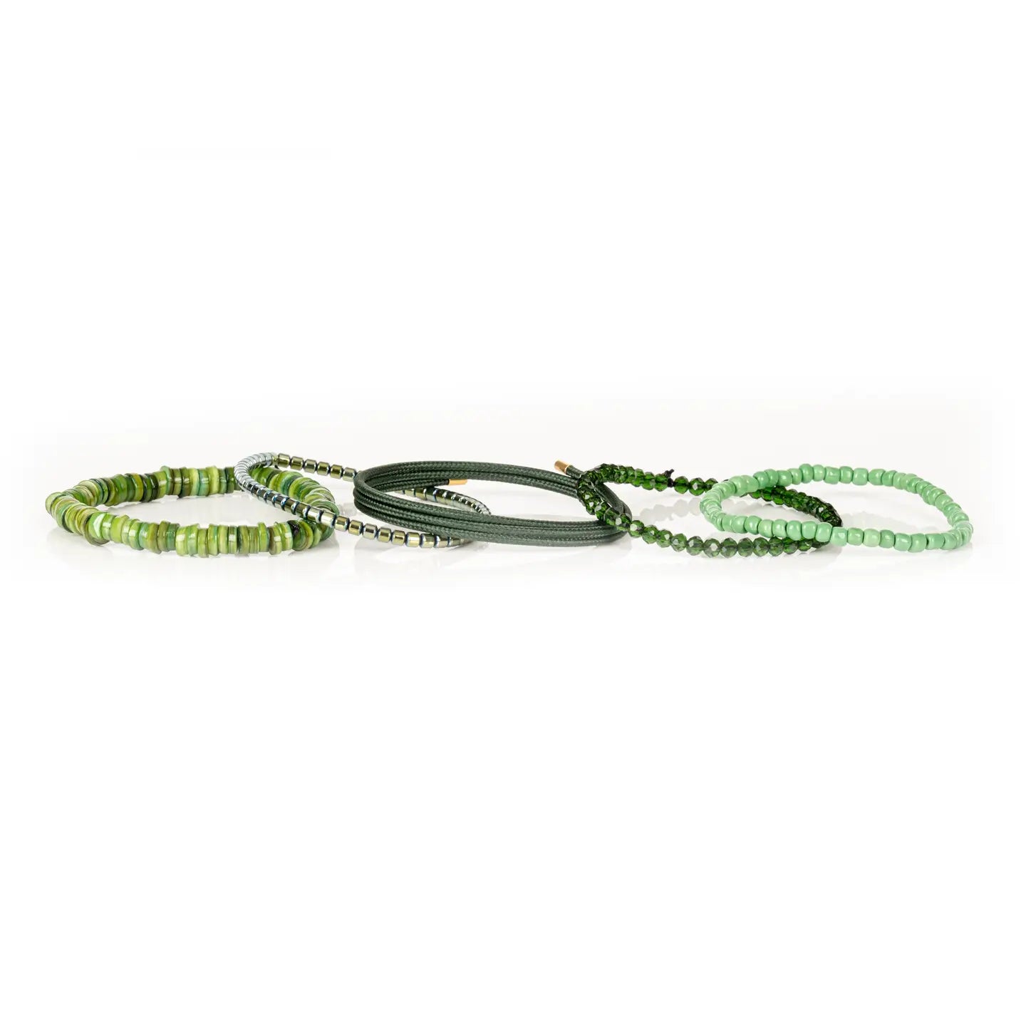 Men’s layered bracelet set featuring mint green seed beads, faceted dark green crystal beads, olive braided cord wraps, silver-tone hematite spacer beads, and green natural shell heishi beads, stacked in a fresh nature-inspired luxury design on a white background.