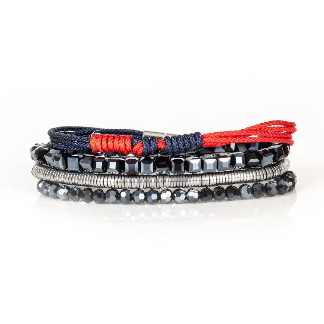 Men's layered bracelet set featuring faceted black crystal beads, polished hematite accents, silver-tone spacer beads, and woven navy and red cord details arranged in a stacked design on a white background.