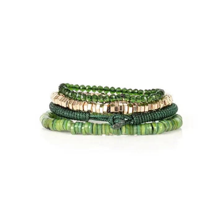Green multi-layer men’s bracelet set featuring faceted green crystal beads, gold hematite cube beads, braided green rope, and layered green natural stone disc beads on a light background.