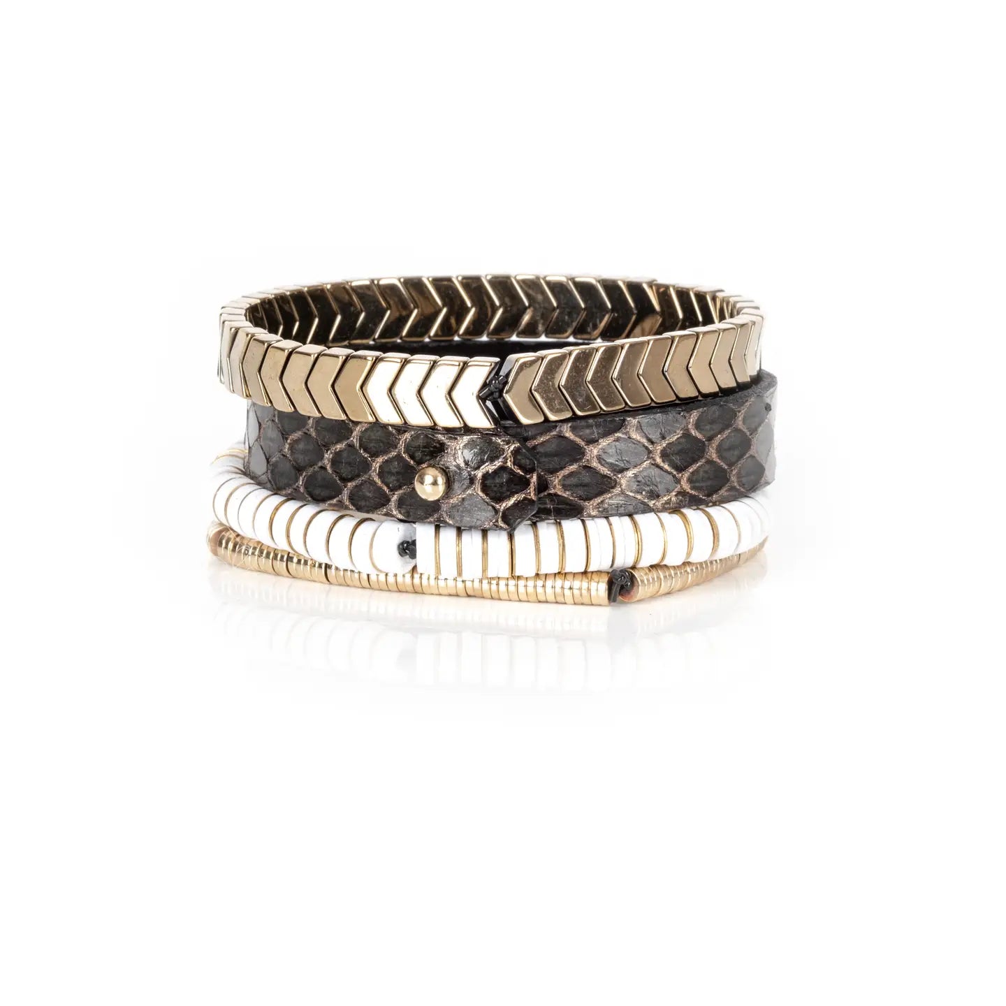 Python Leather Bracelet Stack with Gold Chevron Cuff & White