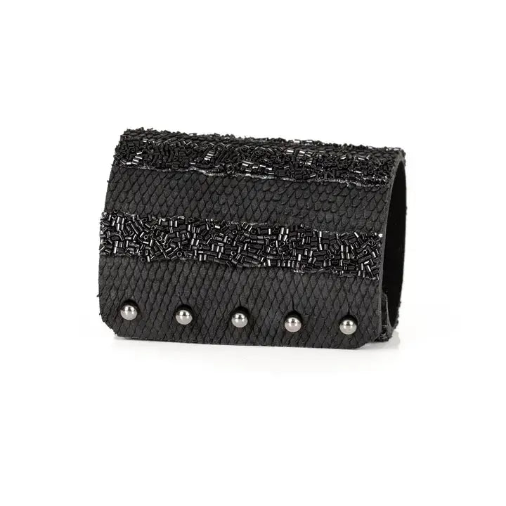 The Serene Valor Black Python Leather Cuff with Beaded