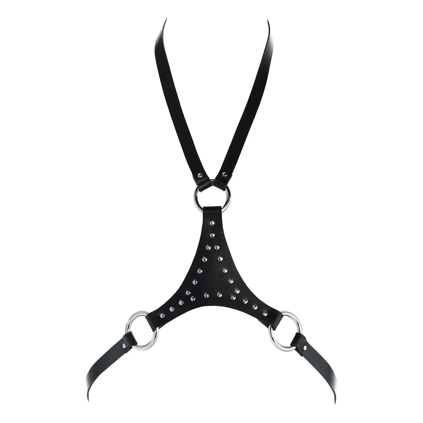 Black leather harness necklace with studded central panel and metal ring connections, displayed on a white background.